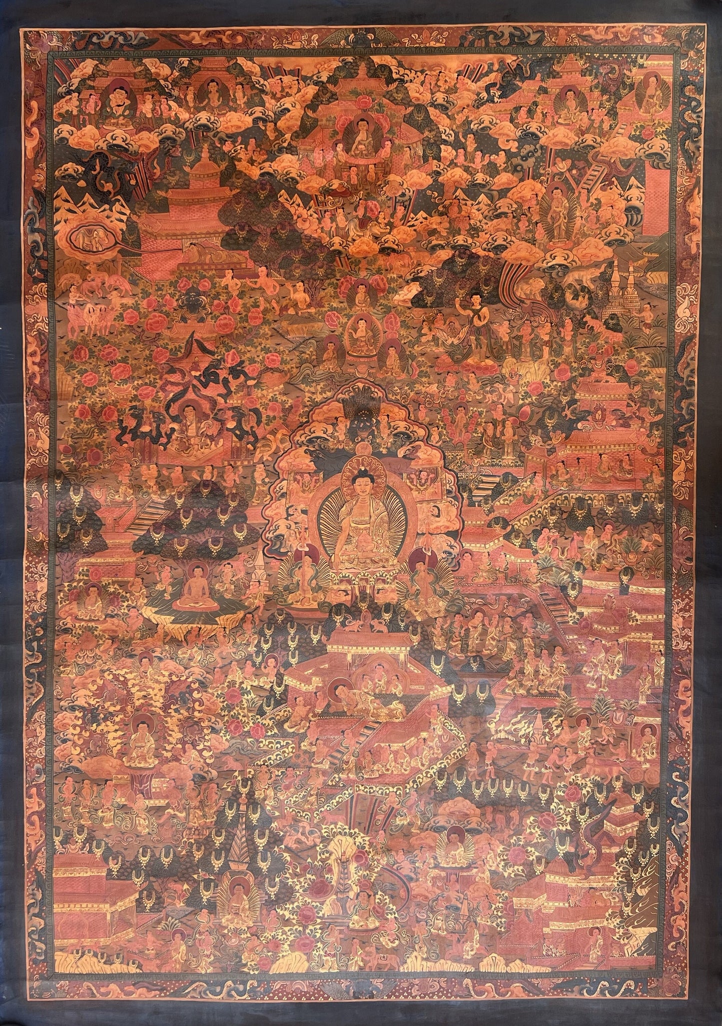 Hand-Painted Buddha Life Story Thangka Painting, LARGE Tibetan Art