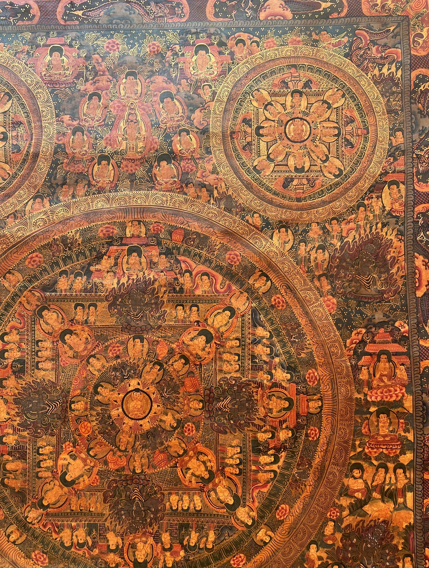 Hand-Painted Pancha Buddha Mandala Thangka – Oil Varnished Tibetan Painting