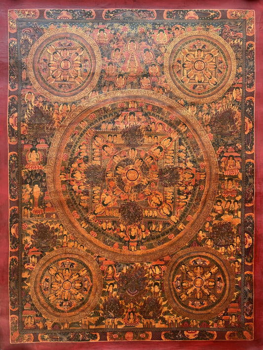 Hand-Painted Pancha Buddha Mandala Thangka – Oil Varnished Tibetan Painting