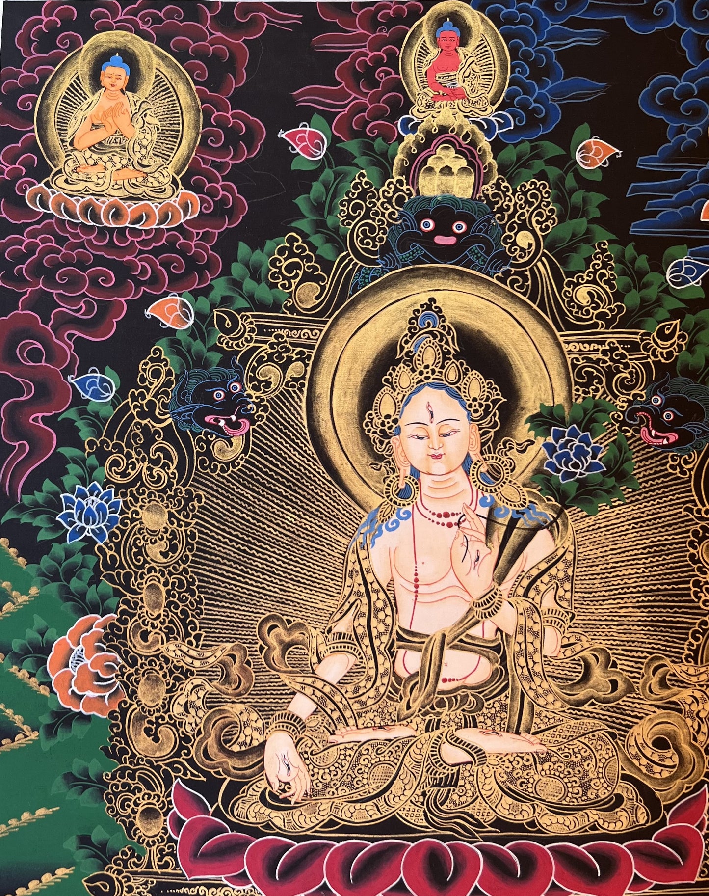 Hand-Painted White Tara Thangka, Mother Goddess Art with Silk Brocade