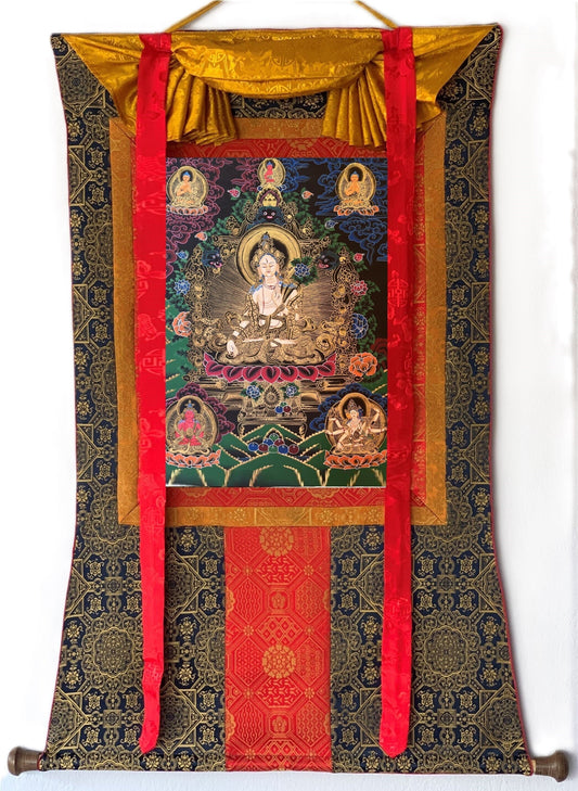Hand-Painted White Tara Thangka, Mother Goddess Art with Silk Brocade