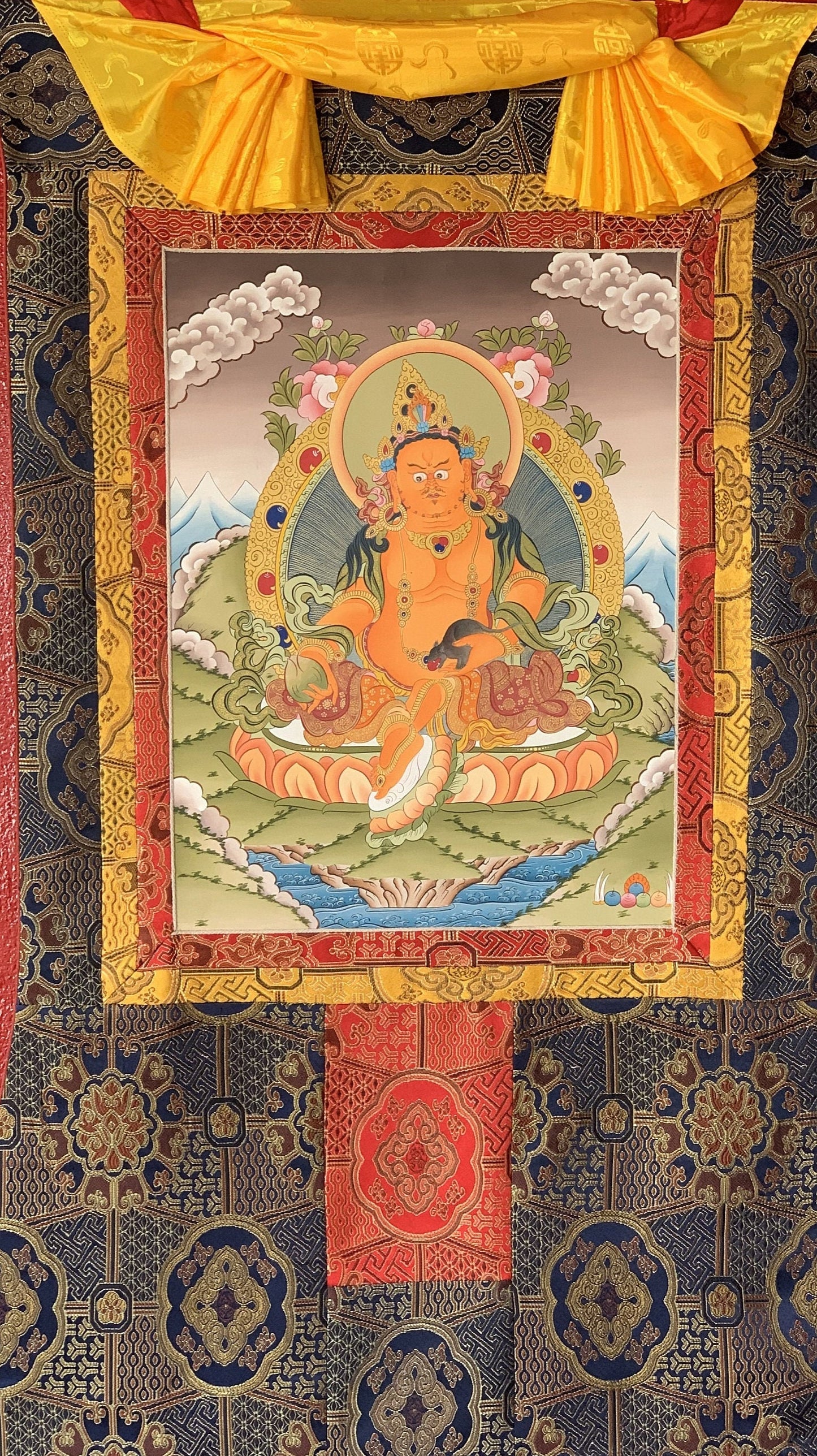 Hand-Painted Yellow Dzambhala Thangka, Silk Brocade Tibetan Art