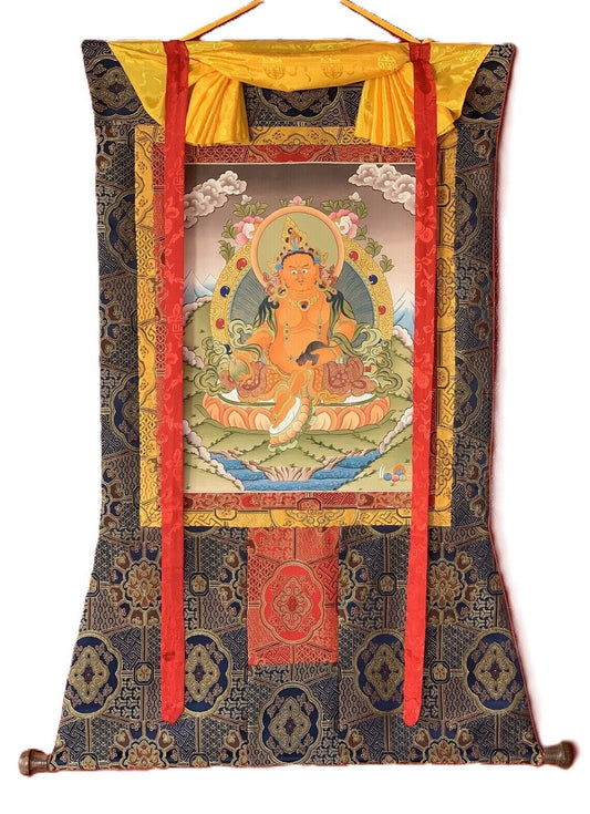 Hand-Painted Yellow Dzambhala Thangka, Silk Brocade Tibetan Art