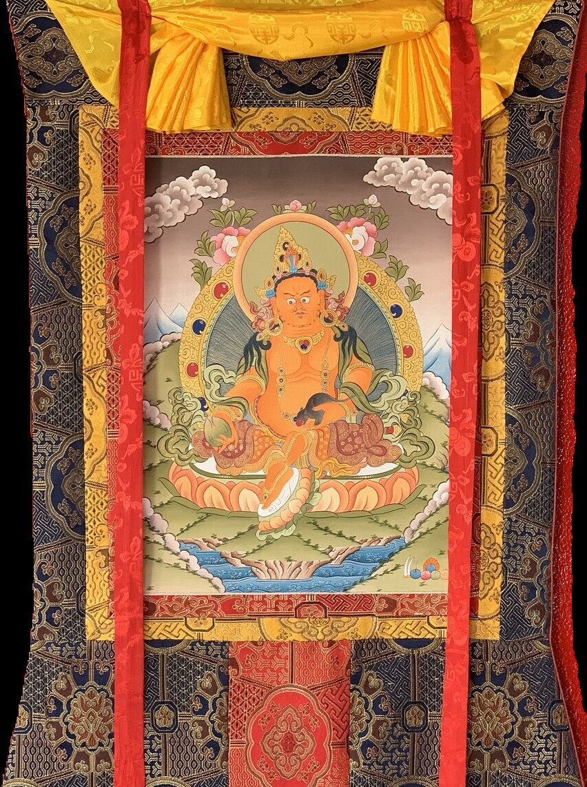 Hand-Painted Yellow Dzambhala Thangka, Silk Brocade Tibetan Art