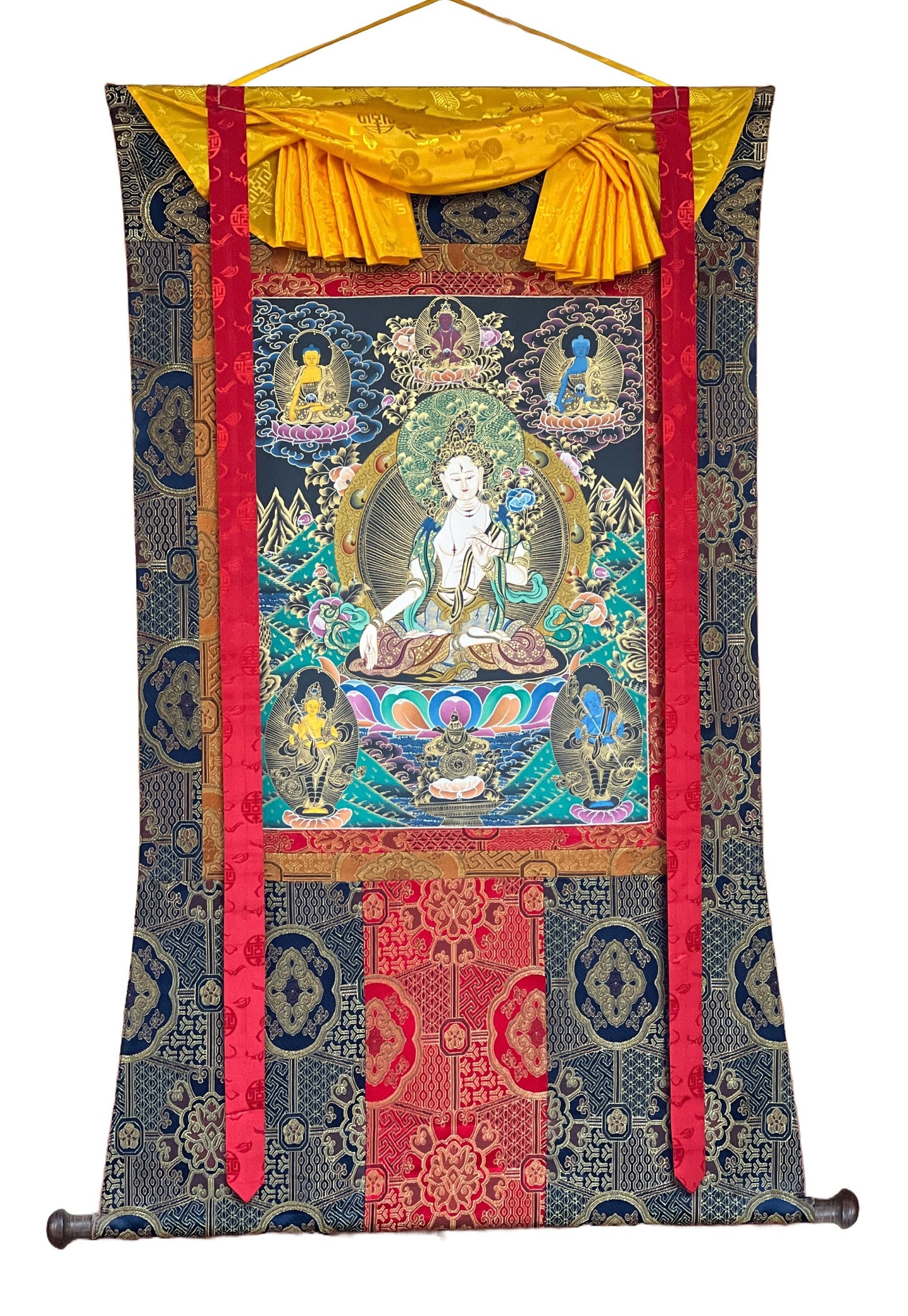 White Tara Thangka Painting: Hand-Painted Mother Goddess, Silk Border