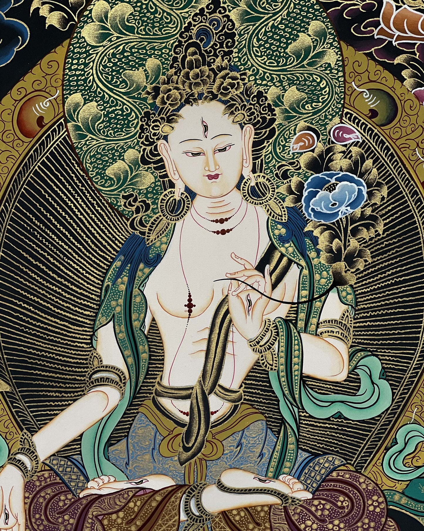 White Tara Thangka Painting: Hand-Painted Mother Goddess, Silk Border