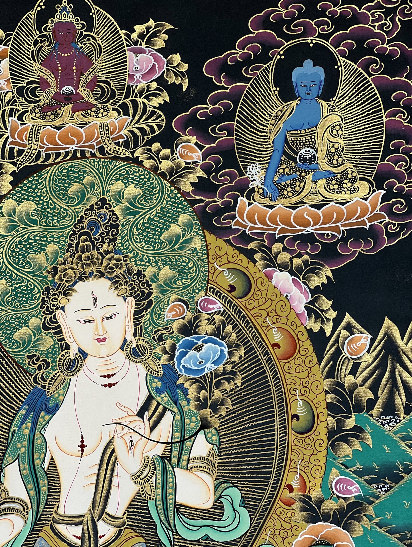 White Tara Thangka Painting: Hand-Painted Mother Goddess, Silk Border