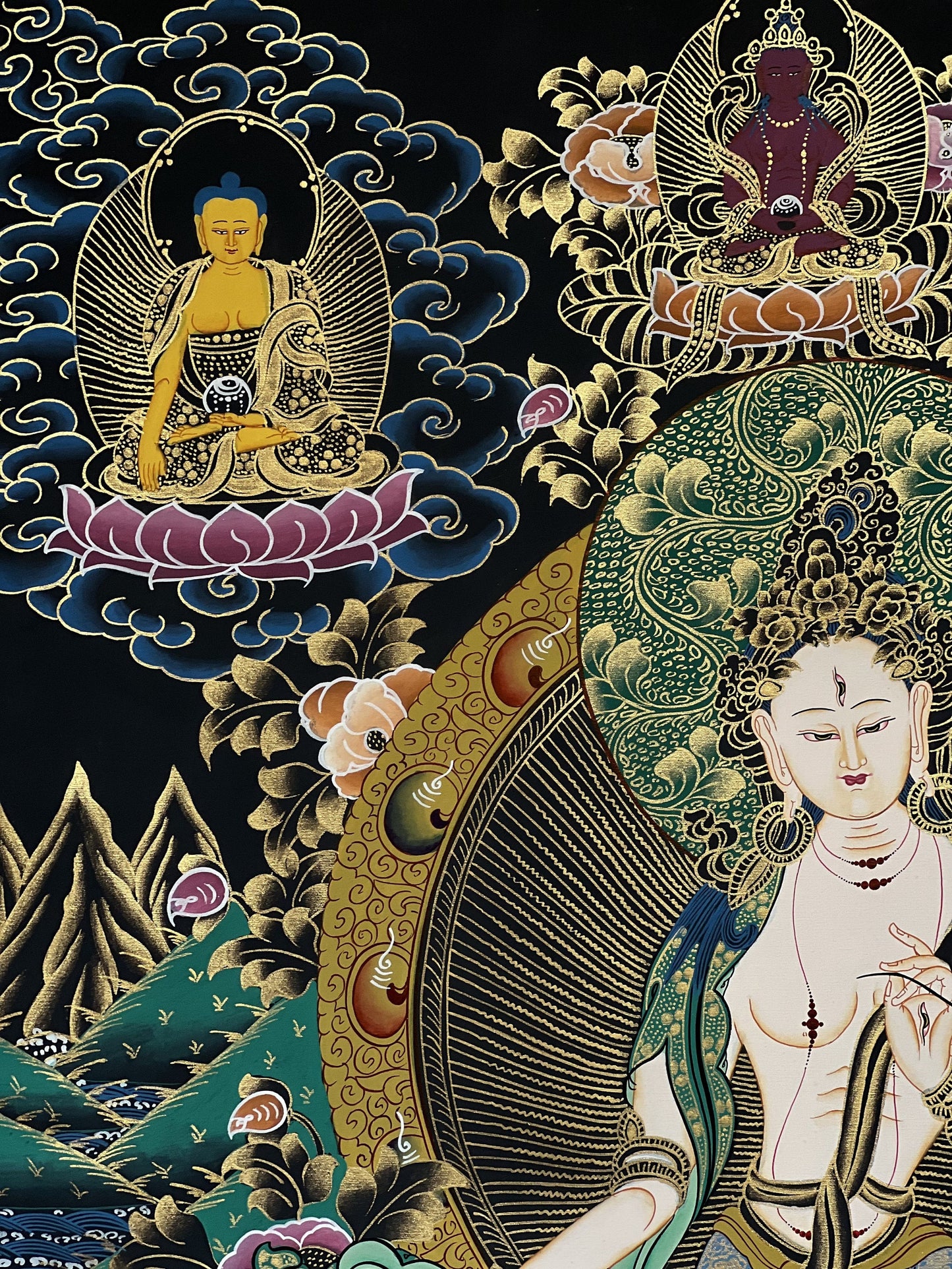 White Tara Thangka Painting: Hand-Painted Mother Goddess, Silk Border