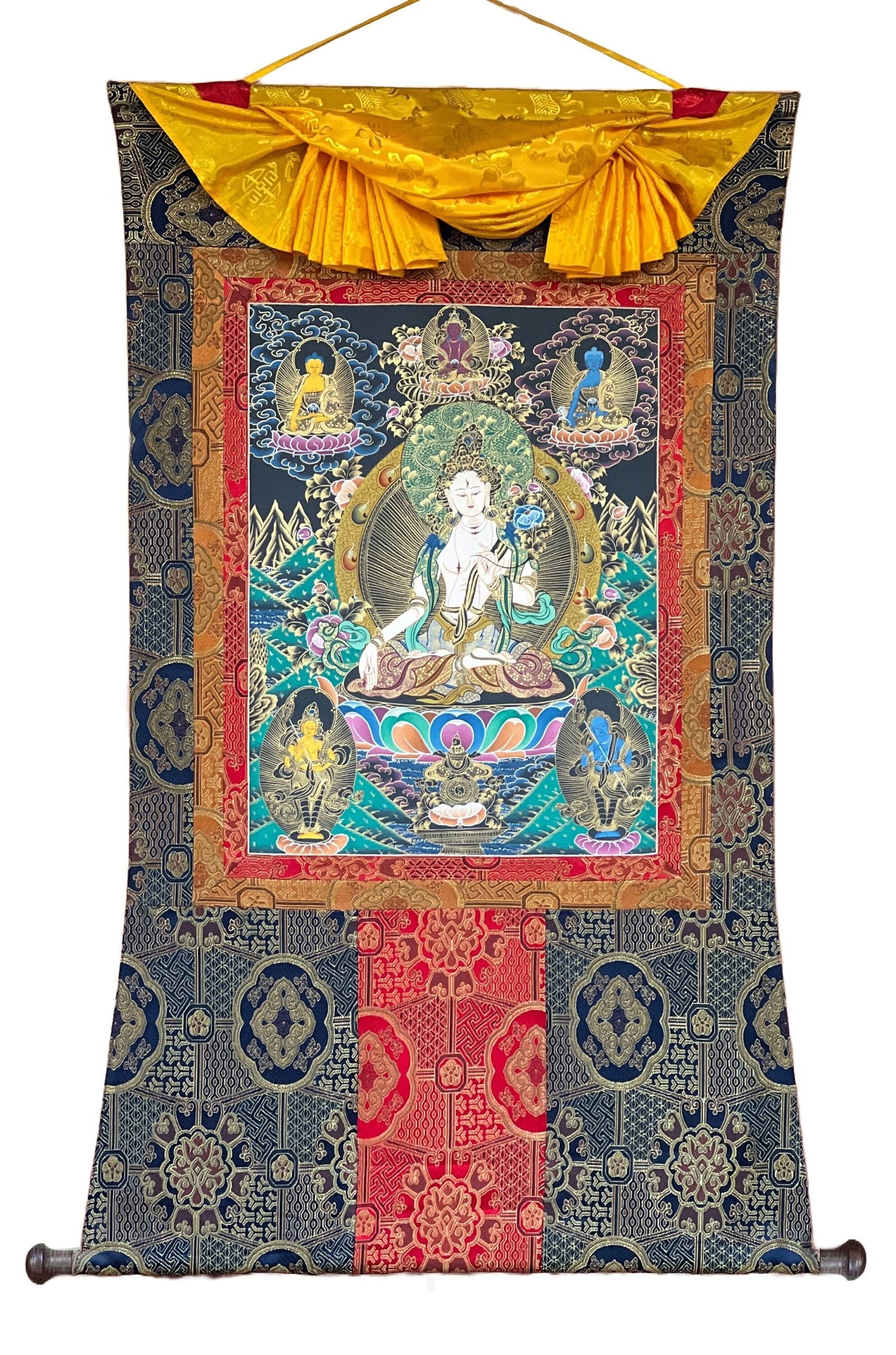 White Tara Thangka Painting: Hand-Painted Mother Goddess, Silk Border