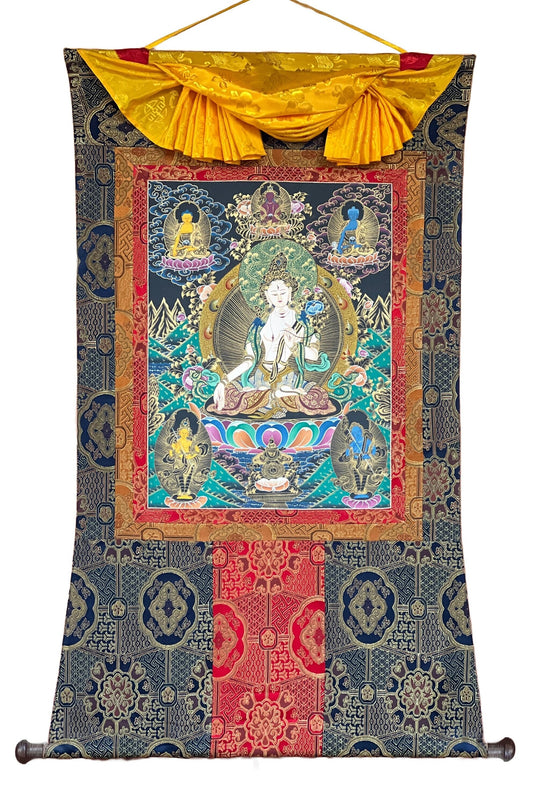 White Tara Thangka Painting: Hand-Painted Mother Goddess, Silk Border