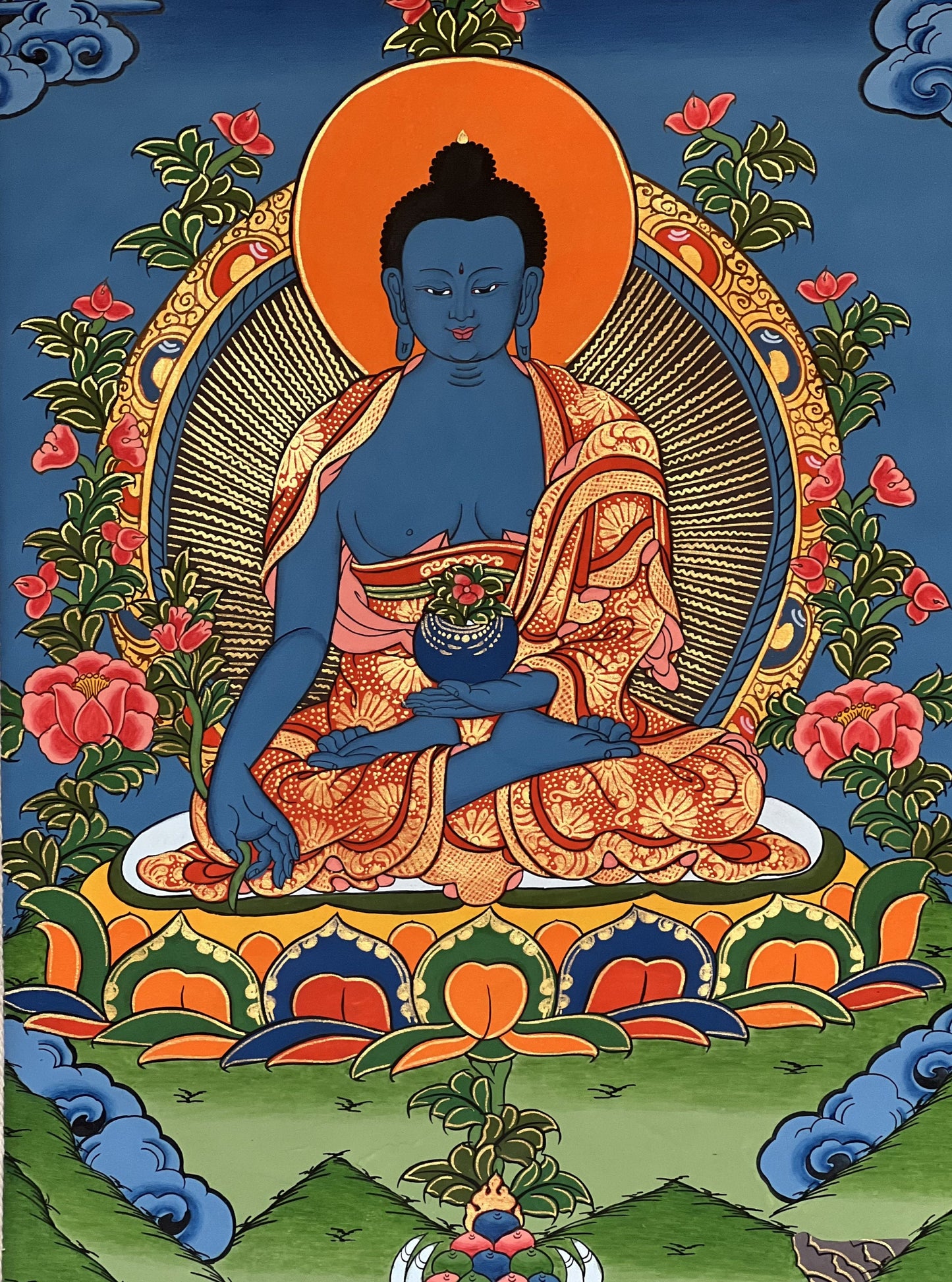 Hand-Painted Medicine Buddha Thangka – Tibetan Healing Art with Silk Brocade