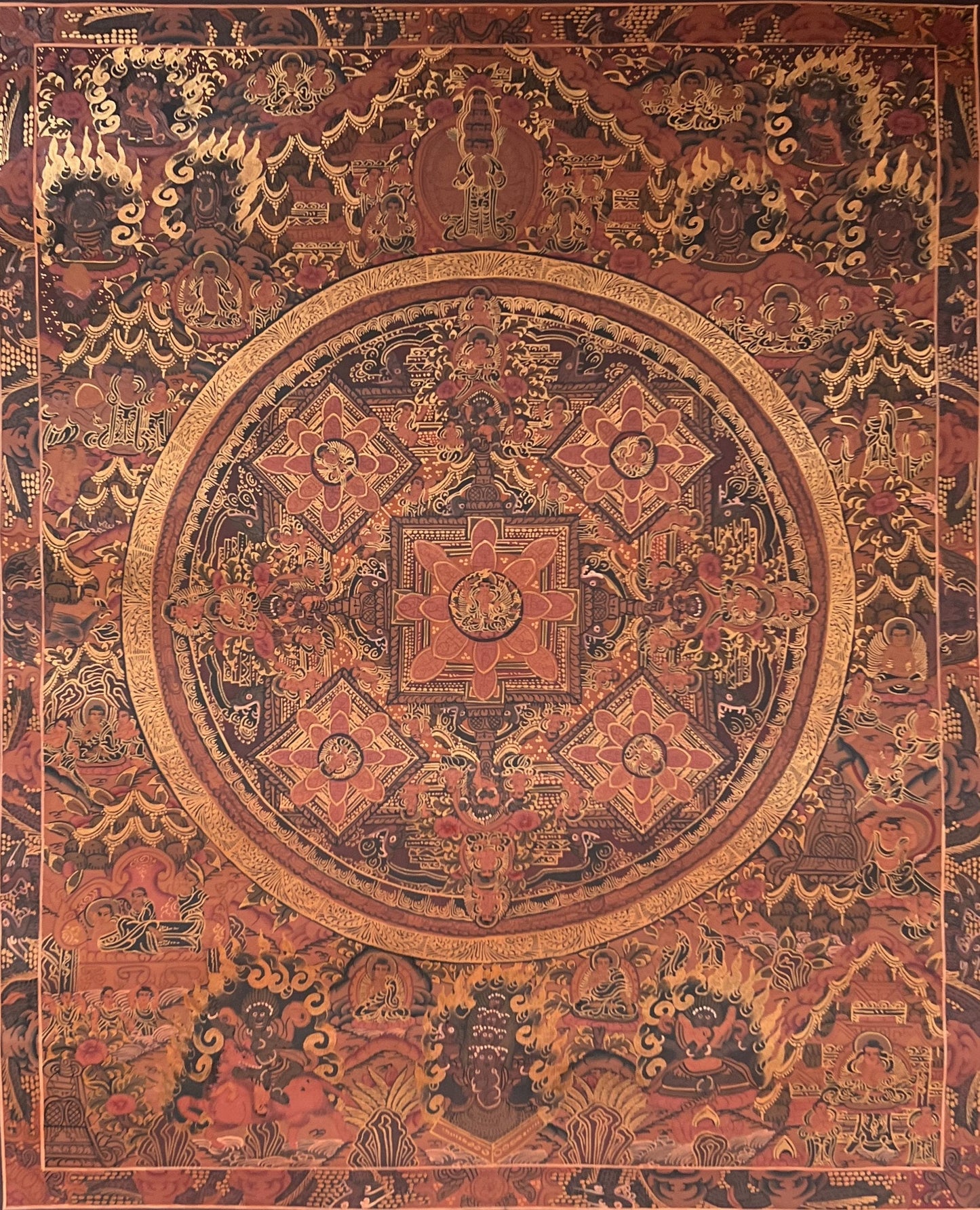 Hand Painted Five Buddha Mandala Thangka – Tibetan Compassion Art