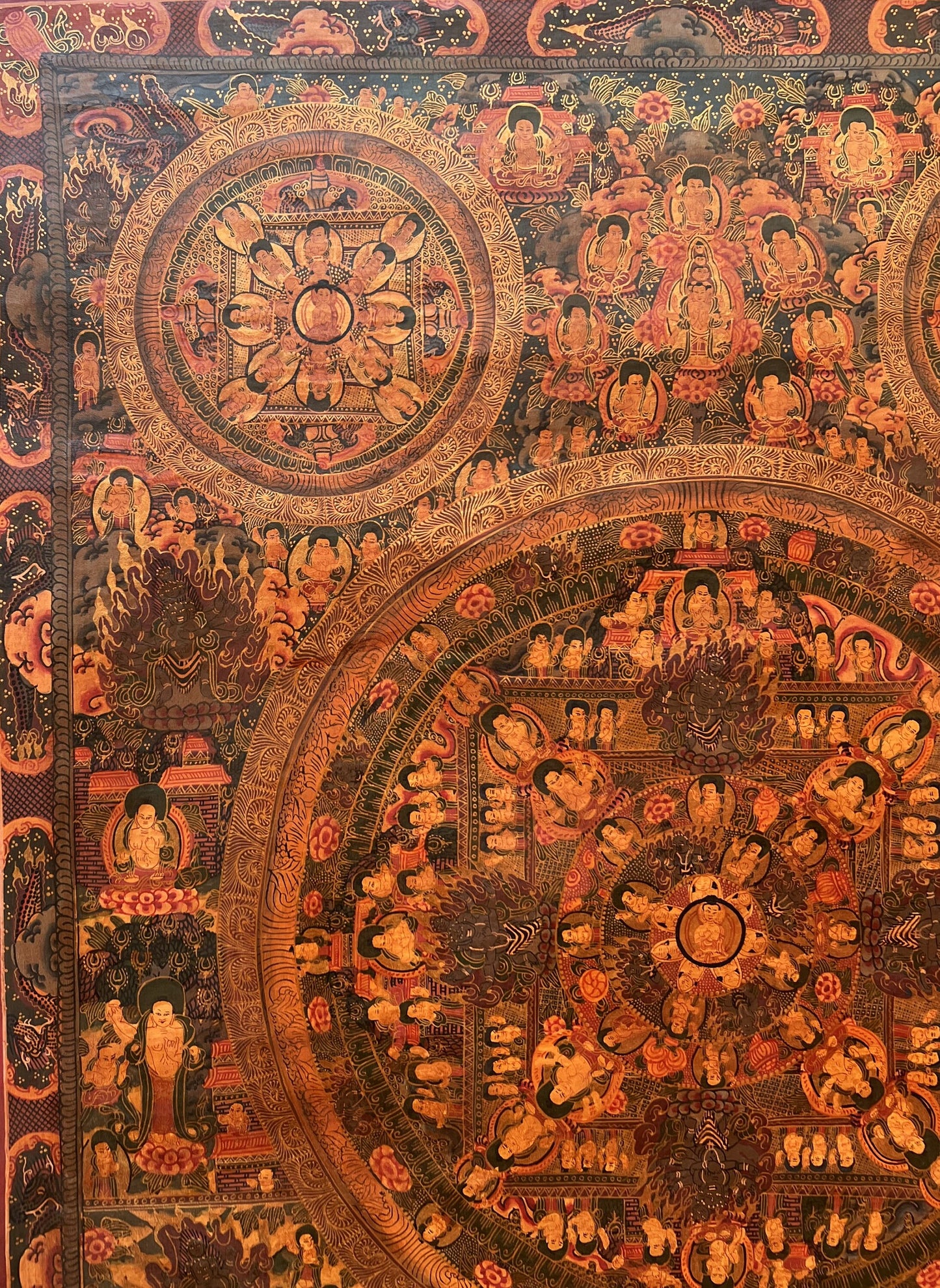 Hand-Painted Pancha Buddha Mandala Thangka – Oil Varnished Tibetan Painting