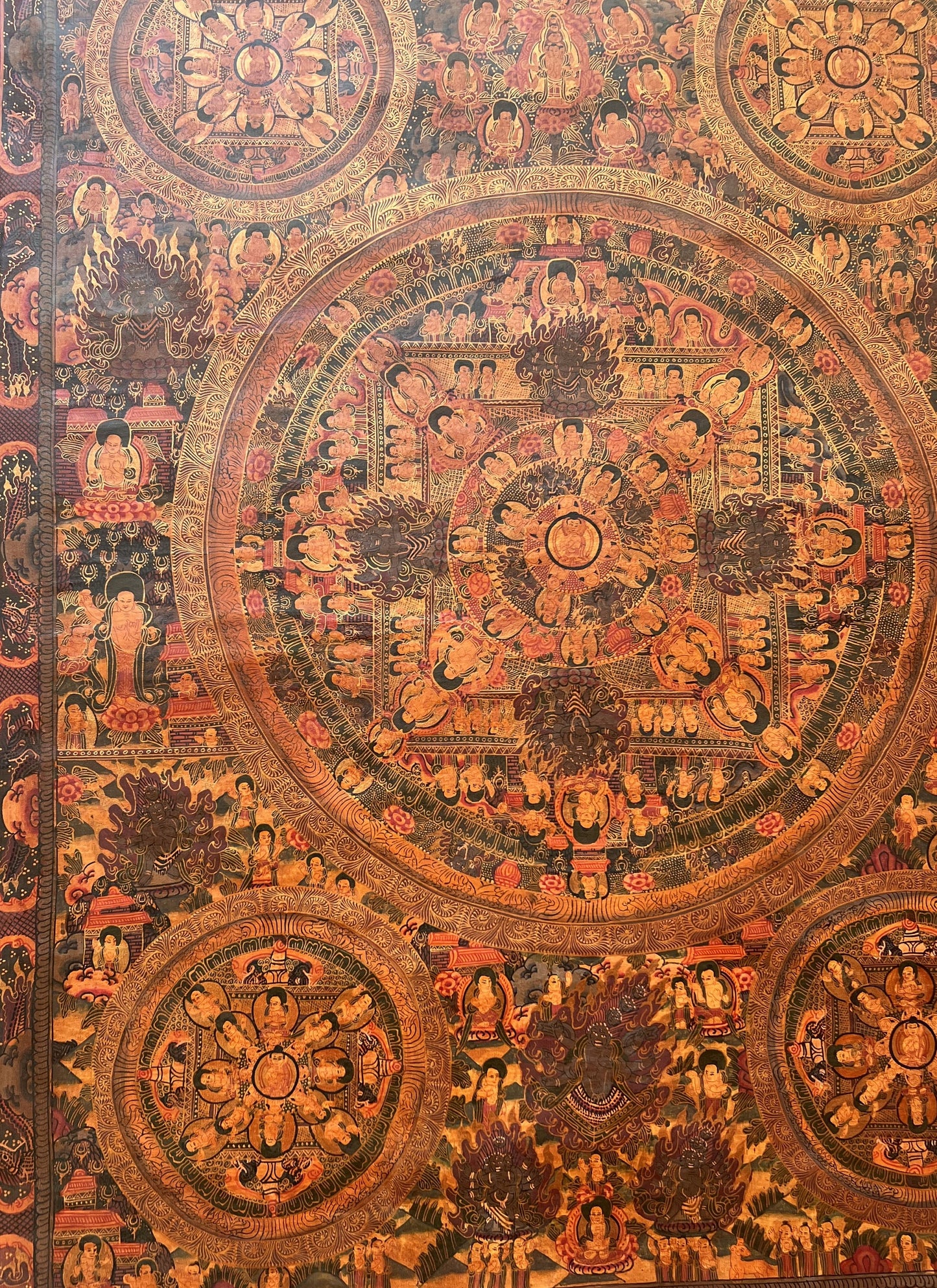 Hand-Painted Pancha Buddha Mandala Thangka – Oil Varnished Tibetan Painting