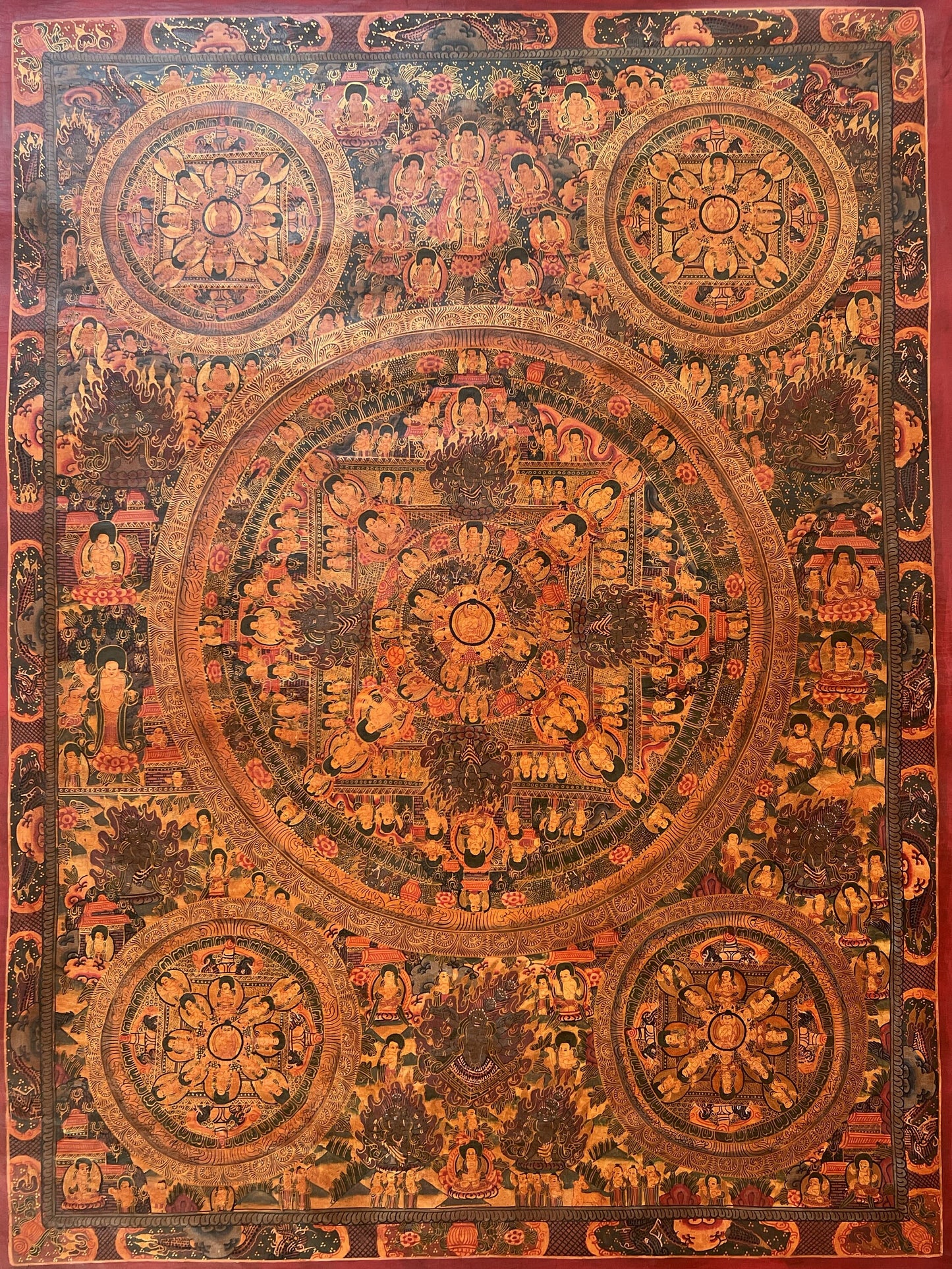 Hand-Painted Pancha Buddha Mandala Thangka – Oil Varnished Tibetan Painting