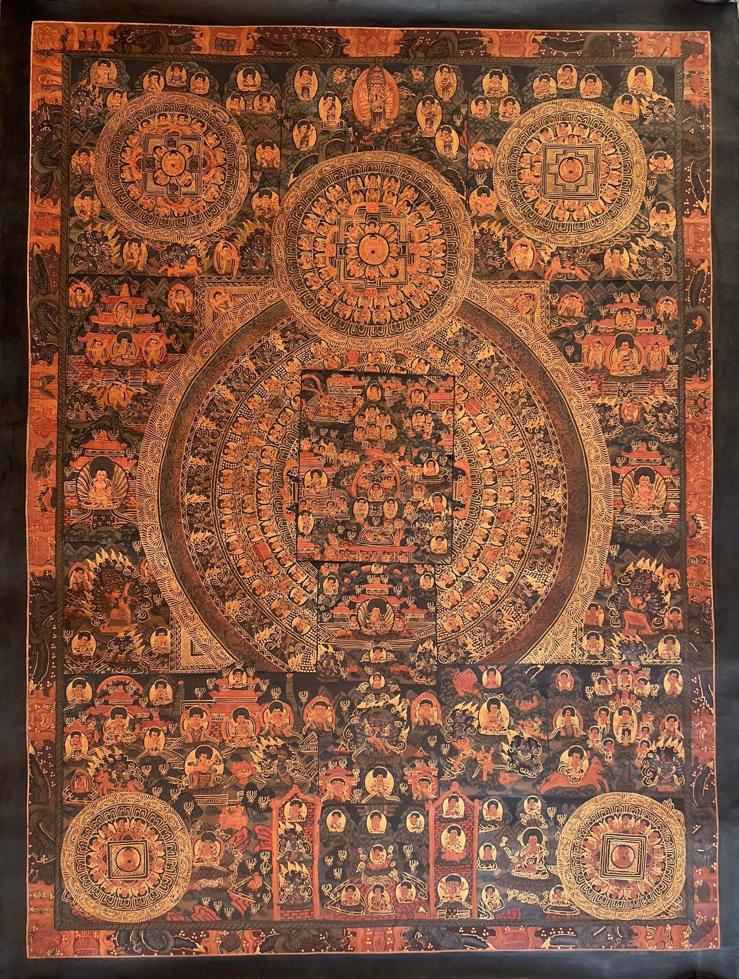 Hand-Painted Pancha Buddha Mandala Large Thangka Painting | Oil-Varnished Tibetan Art