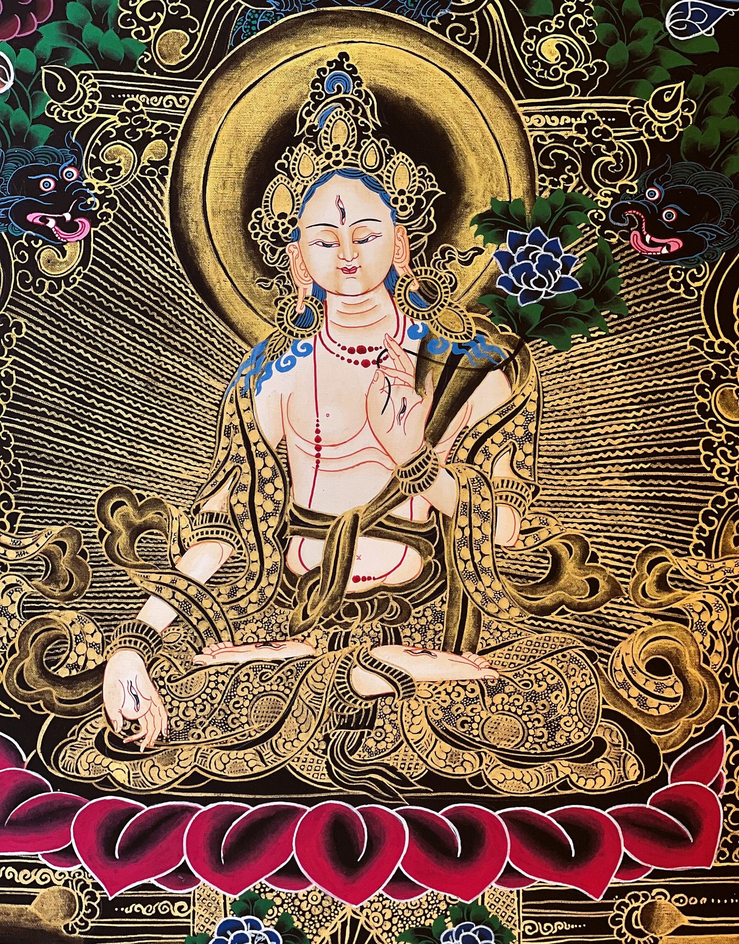 Hand-Painted White Tara Thangka, Mother Goddess Art with Silk Brocade