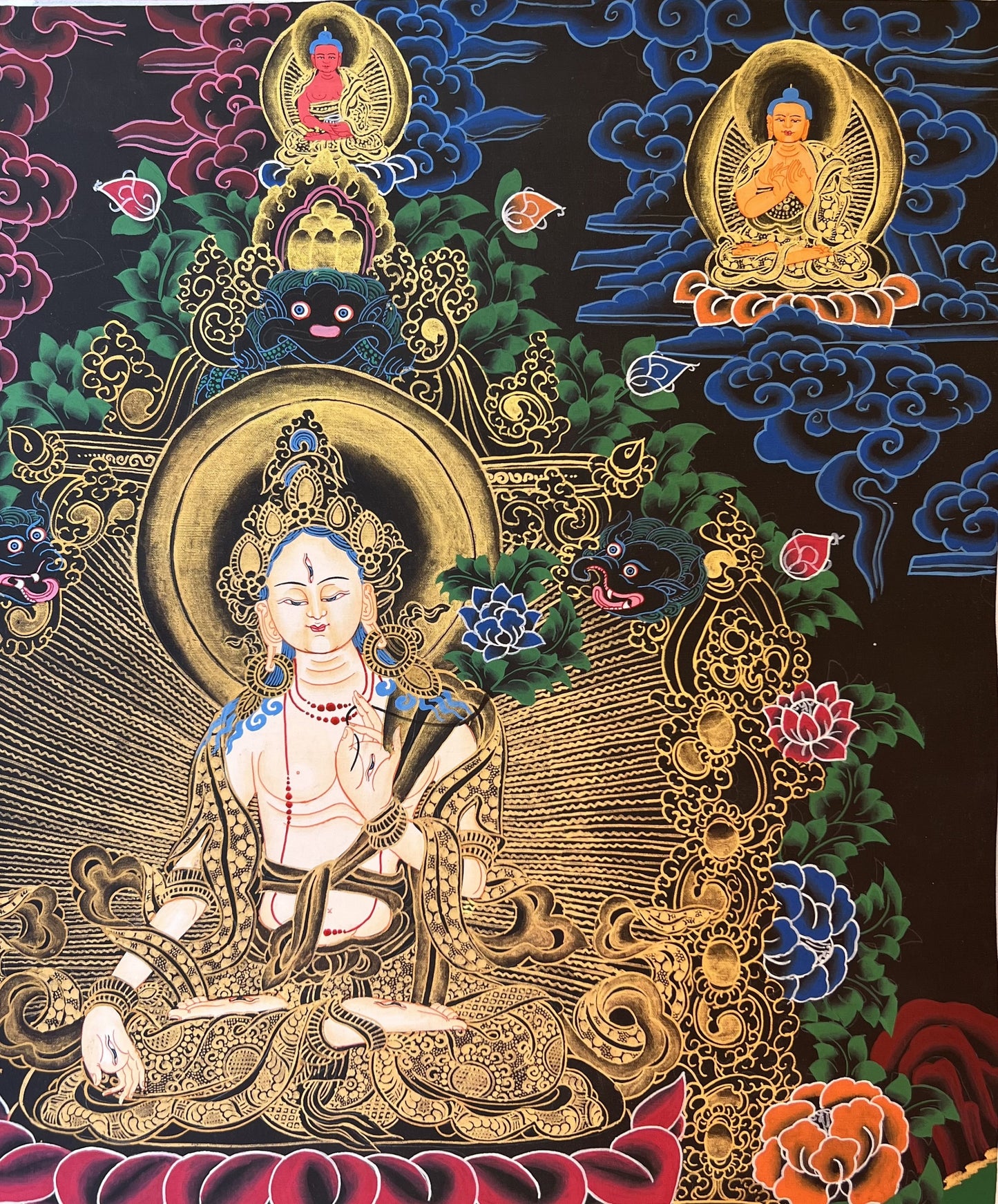 Hand-Painted White Tara Thangka, Mother Goddess Art with Silk Brocade