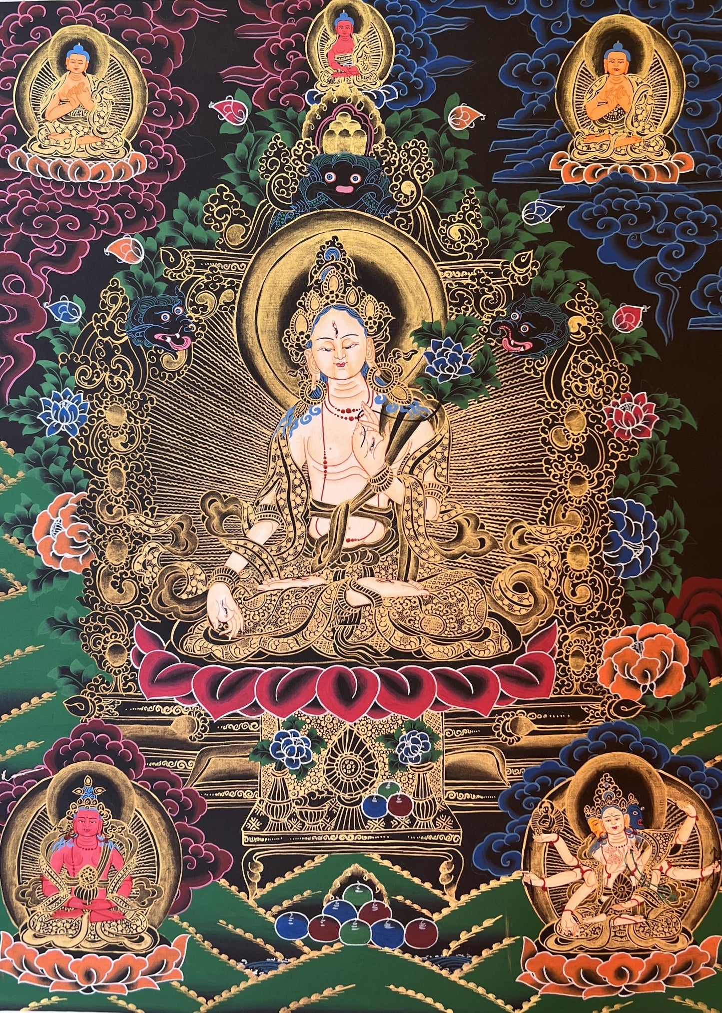 Hand-Painted White Tara Thangka, Mother Goddess Art with Silk Brocade
