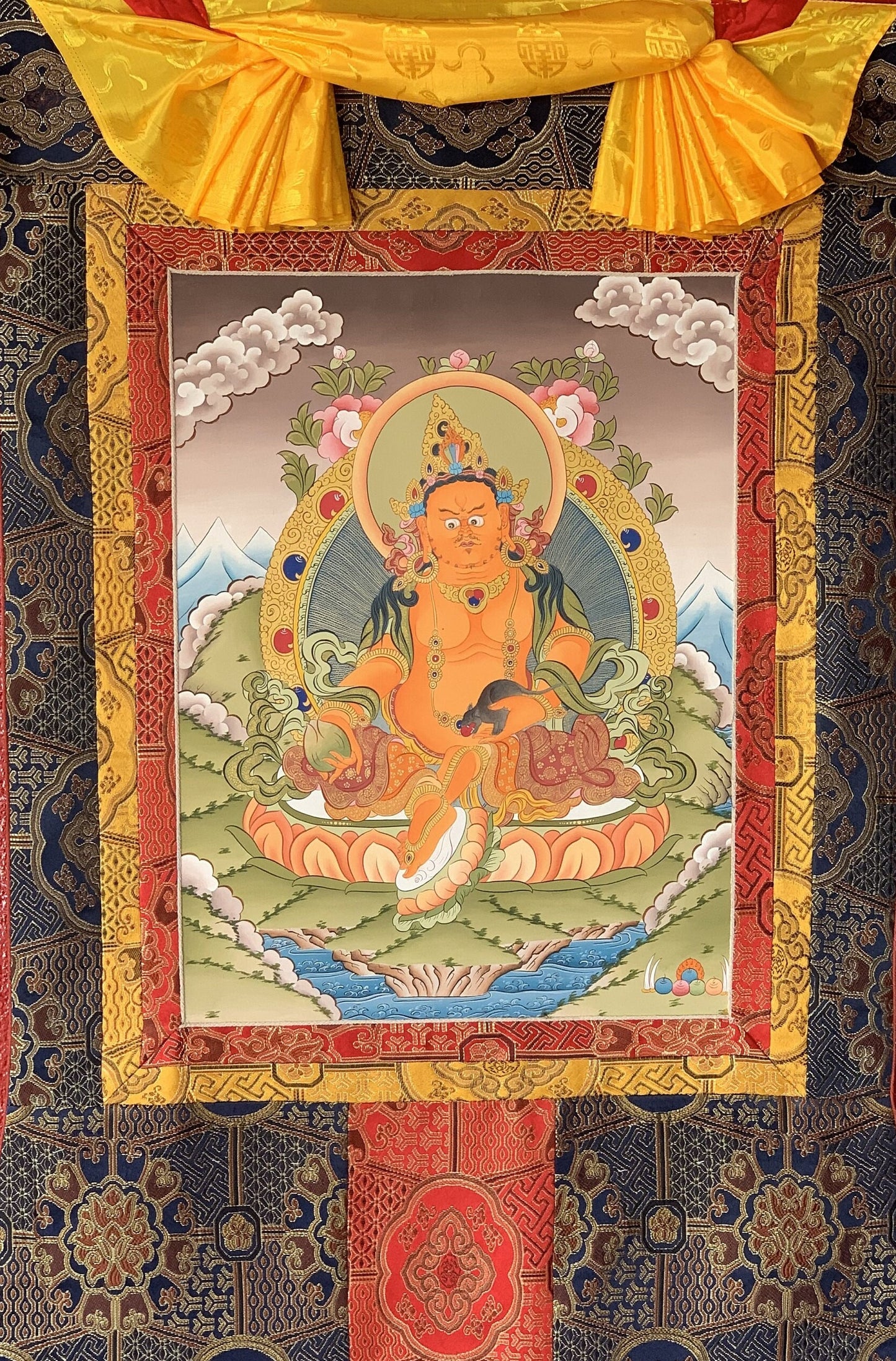 Hand-Painted Yellow Dzambhala Thangka, Silk Brocade Tibetan Art