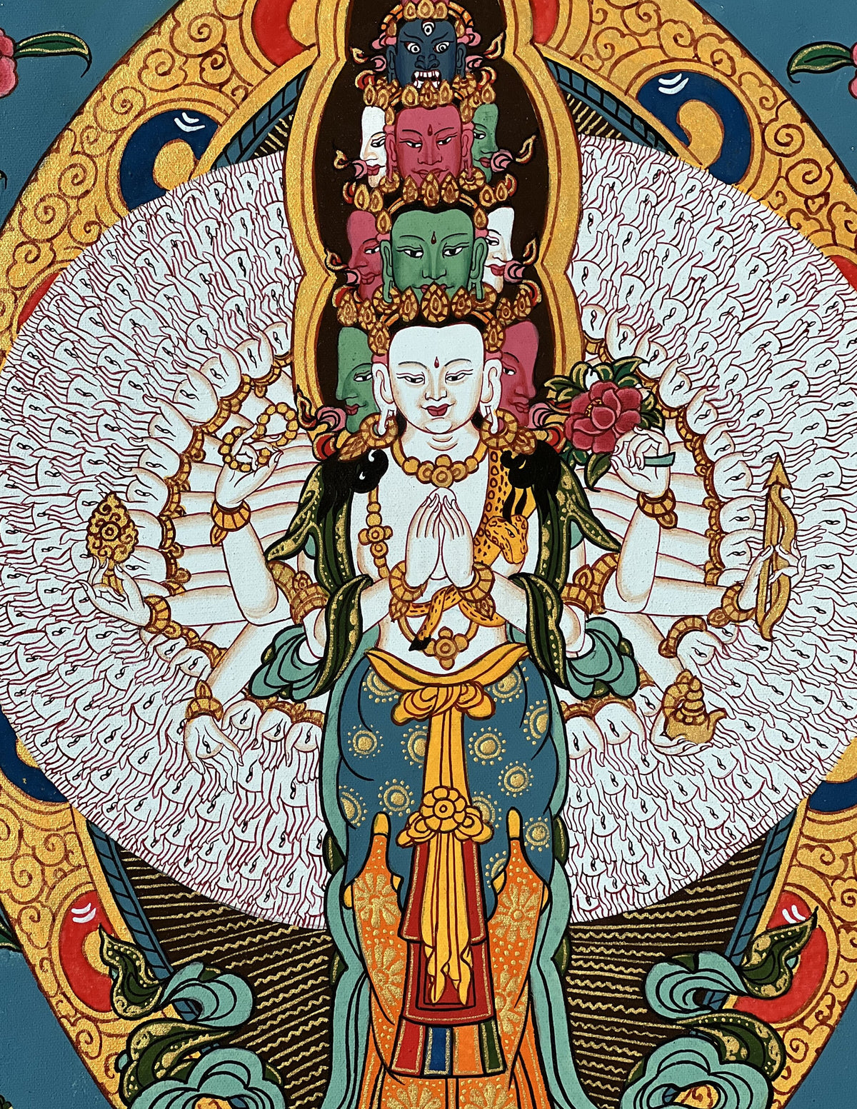 1000 Armed Avalokiteshvara Thangka with Silk Brocade | Sahasrabhuja Chenrezig Buddhist Compassion Art | Hand Painted Nepal
