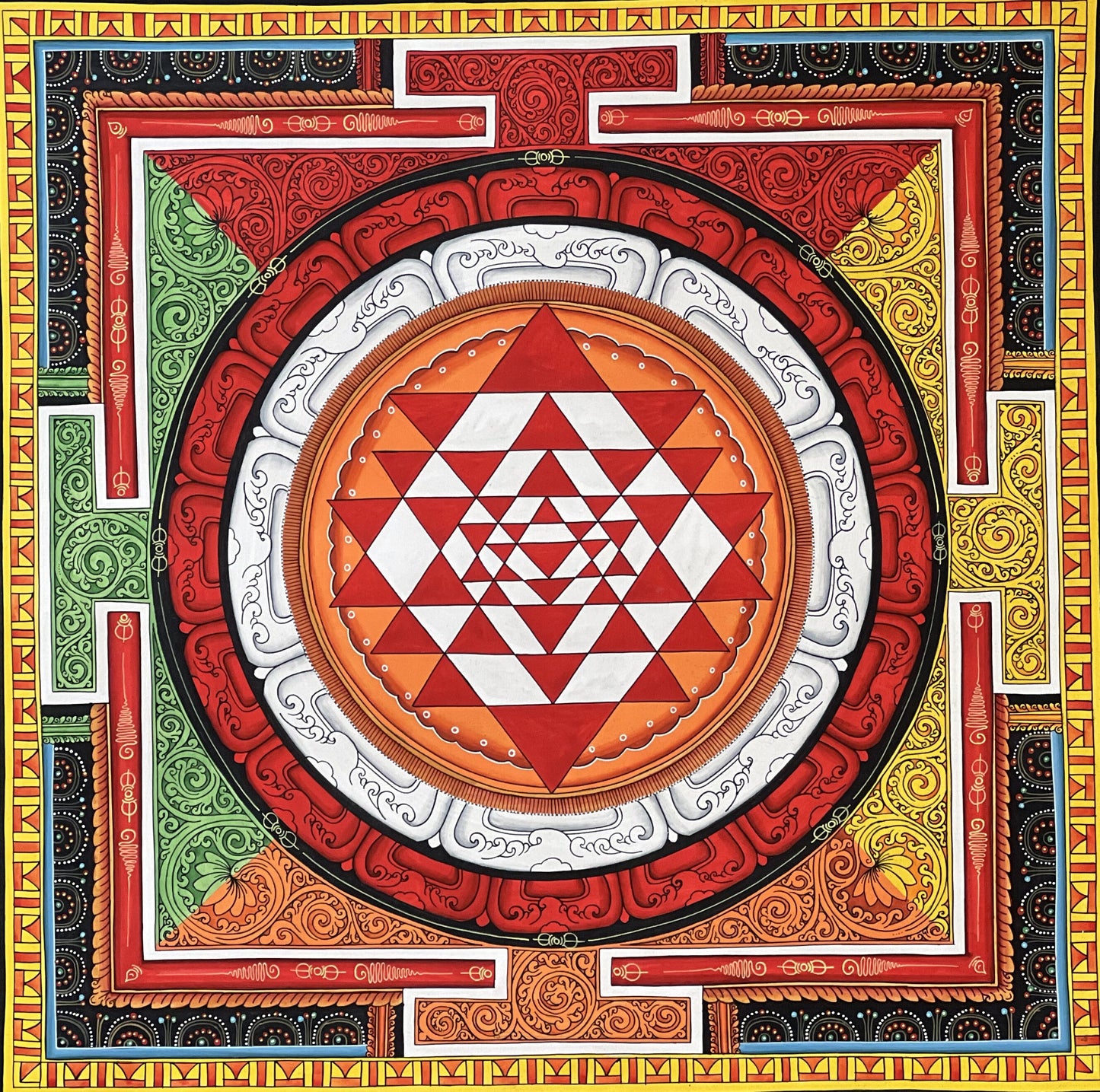 Hand-Painted Sri Yantra Thangka Painting, Newari Paubha Art