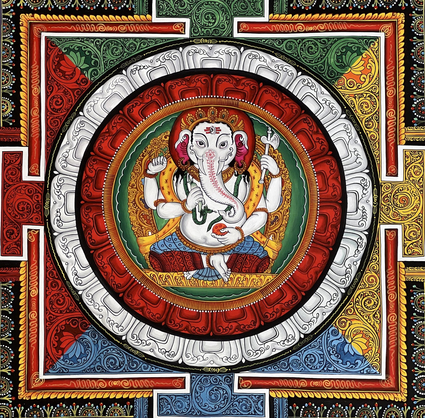 Hand-Painted Ganesha Thangka Painting, Sriyantra Art for Wealth