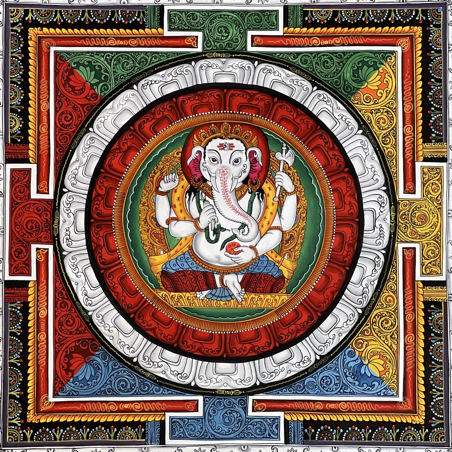 Hand-Painted Ganesha Thangka Painting, Sriyantra Art for Wealth