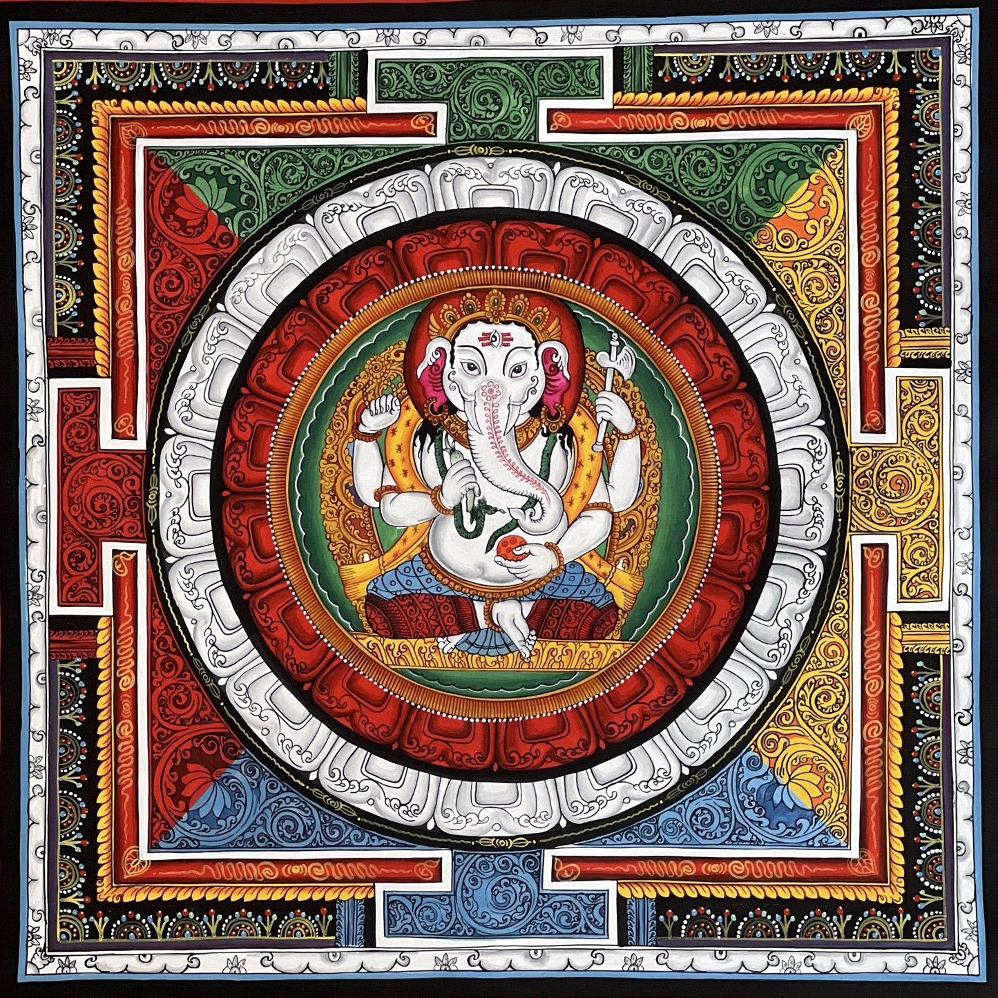 Hand-Painted Ganesha Thangka Painting, Sriyantra Art for Wealth