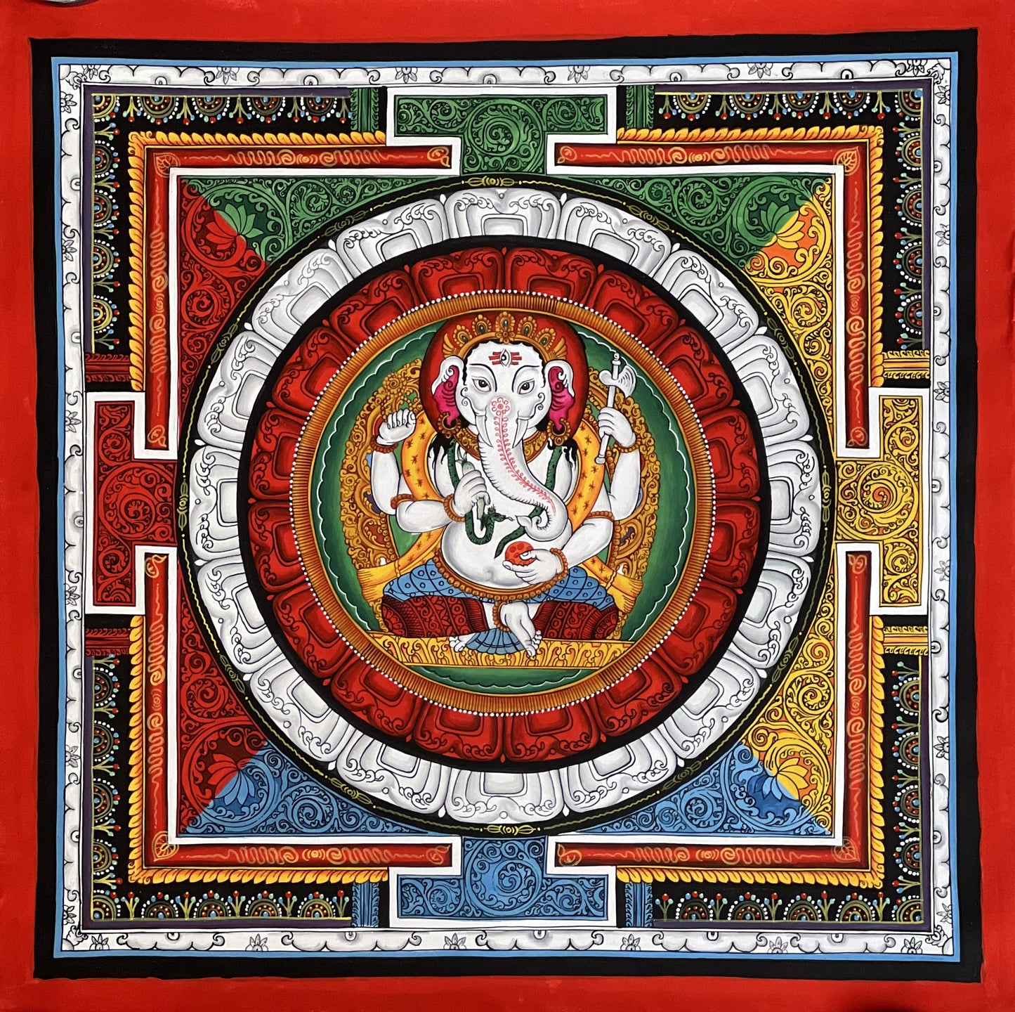 Hand-Painted Ganesha Thangka Painting, Sriyantra Art for Wealth