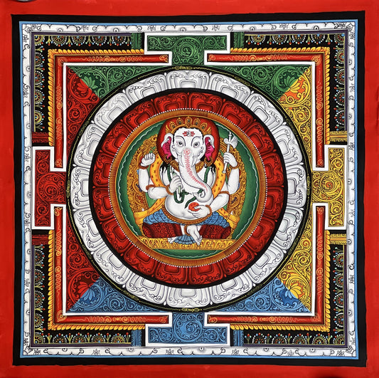 Hand-Painted Ganesha Thangka Painting, Sriyantra Art for Wealth