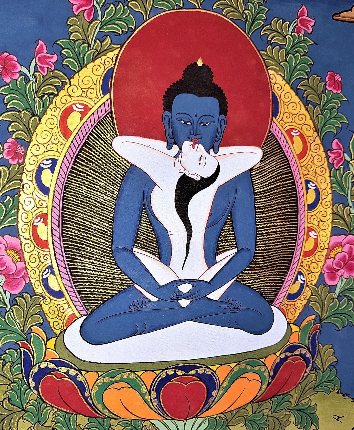 Hand-Painted Samantabhadra Thangka – Silk Framed Tibetan Wall Hanging