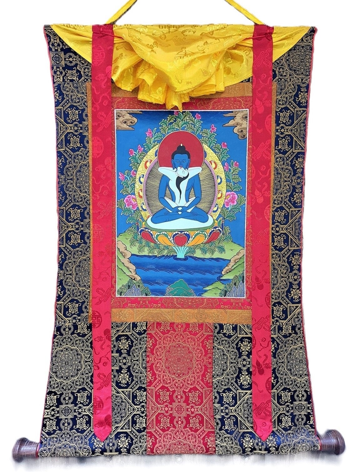 Hand-Painted Samantabhadra Thangka – Silk Framed Tibetan Wall Hanging