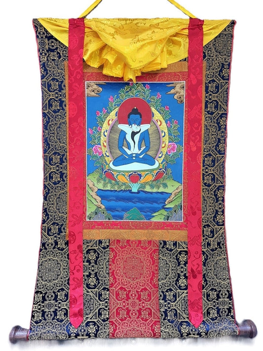 Hand-Painted Samantabhadra Thangka – Silk Framed Tibetan Wall Hanging