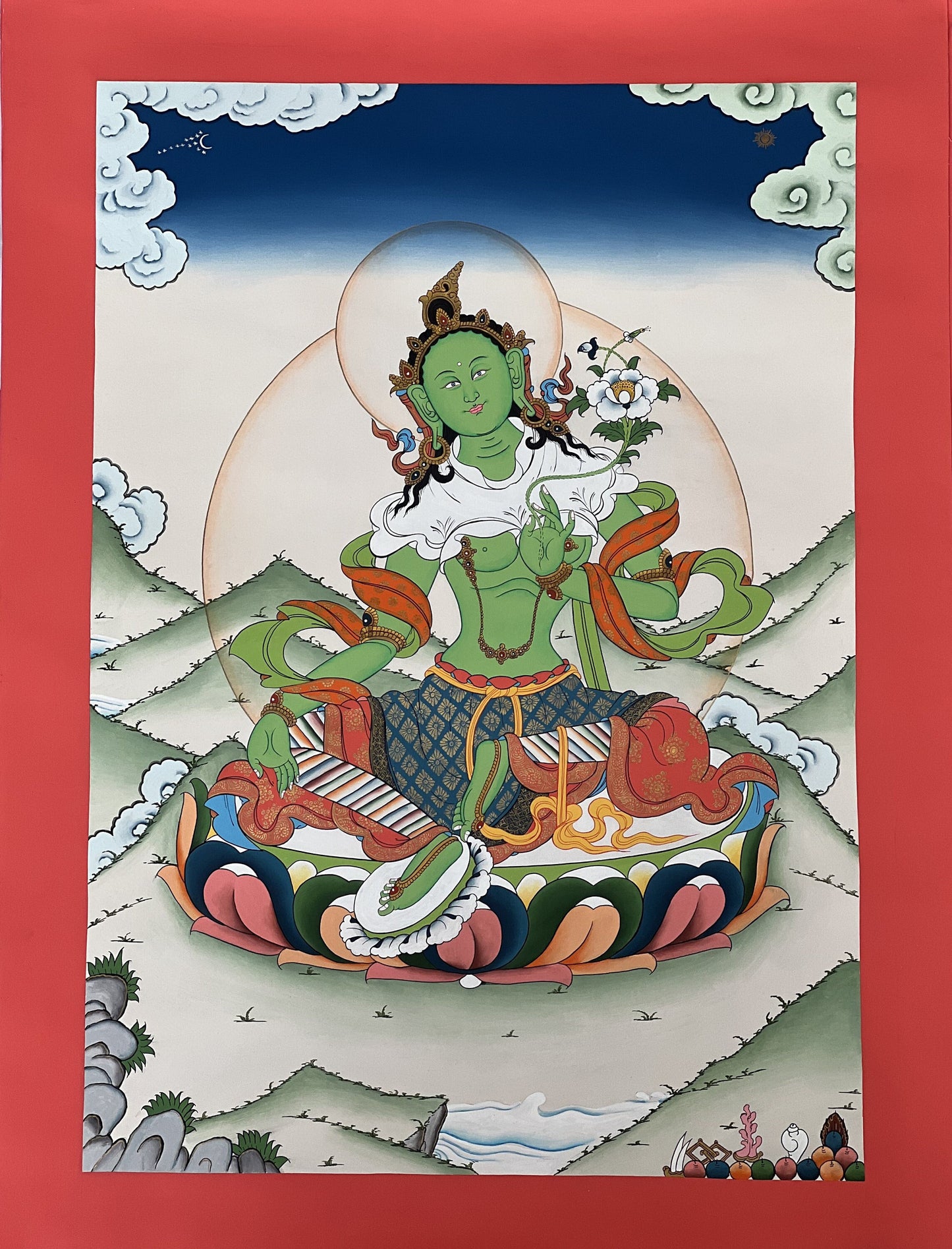 24k Gold Green Tara Tibetan Thangka Painting, Compassion Art