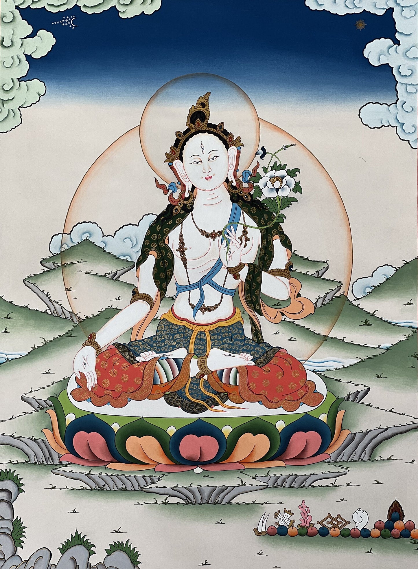 White Tara Gold Thangka - Hand-Painted Seven Eyes Tibetan Goddess of Long Life and Compassion