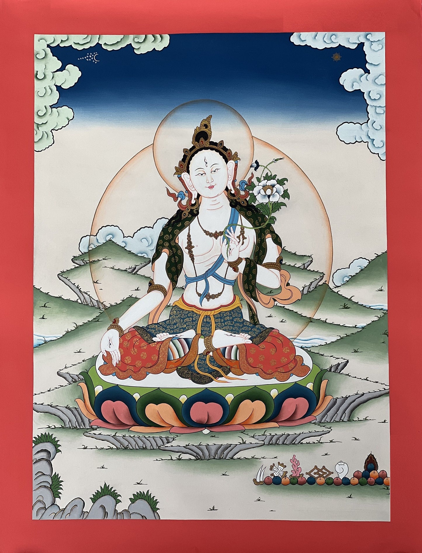 White Tara Gold Thangka - Hand-Painted Seven Eyes Tibetan Goddess of Long Life and Compassion