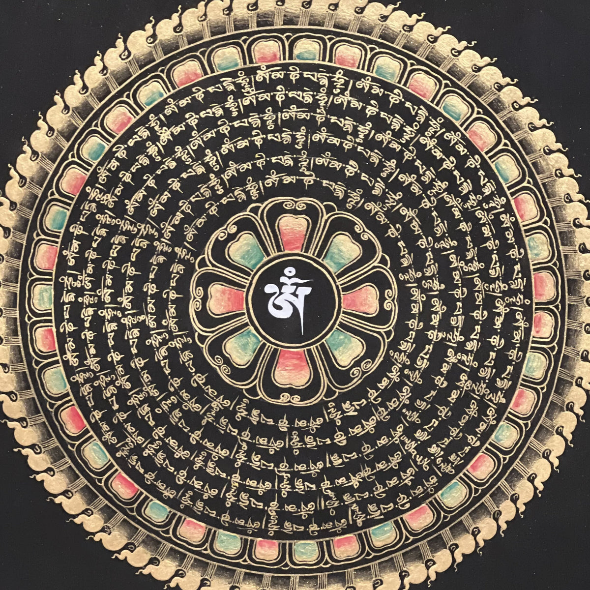 Om Mantra Mandala Thangka Painting, Black and Gold Buddhist Art