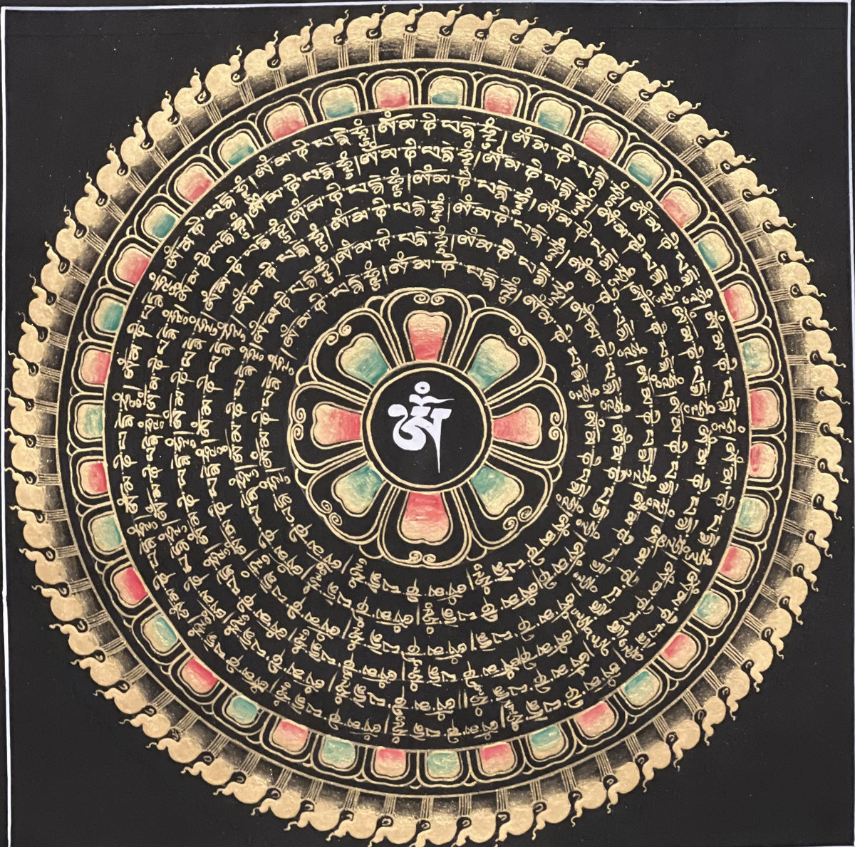 Om Mantra Mandala Thangka Painting, Black and Gold Buddhist Art