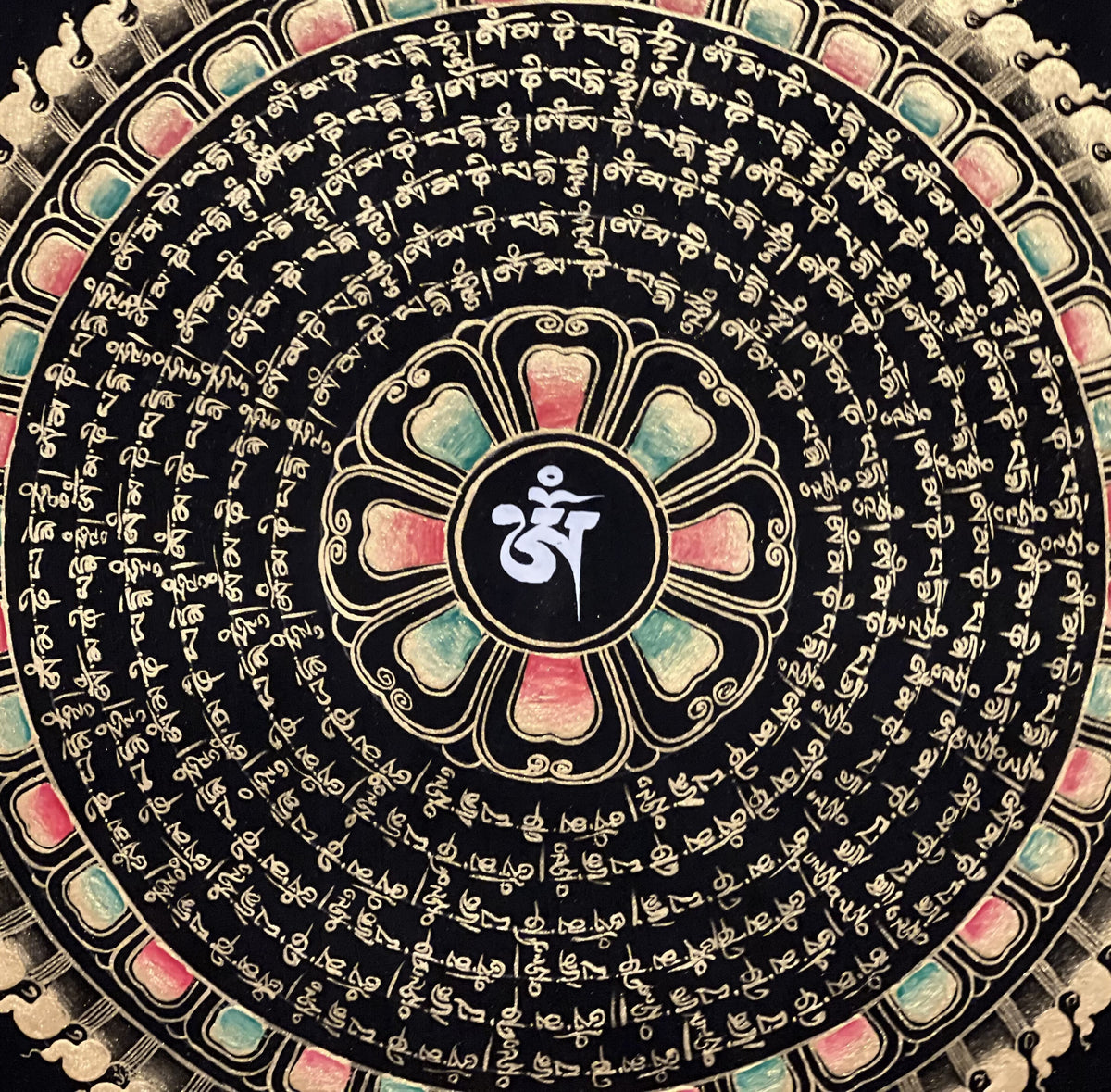 Om Mantra Mandala Thangka Painting, Black and Gold Buddhist Art