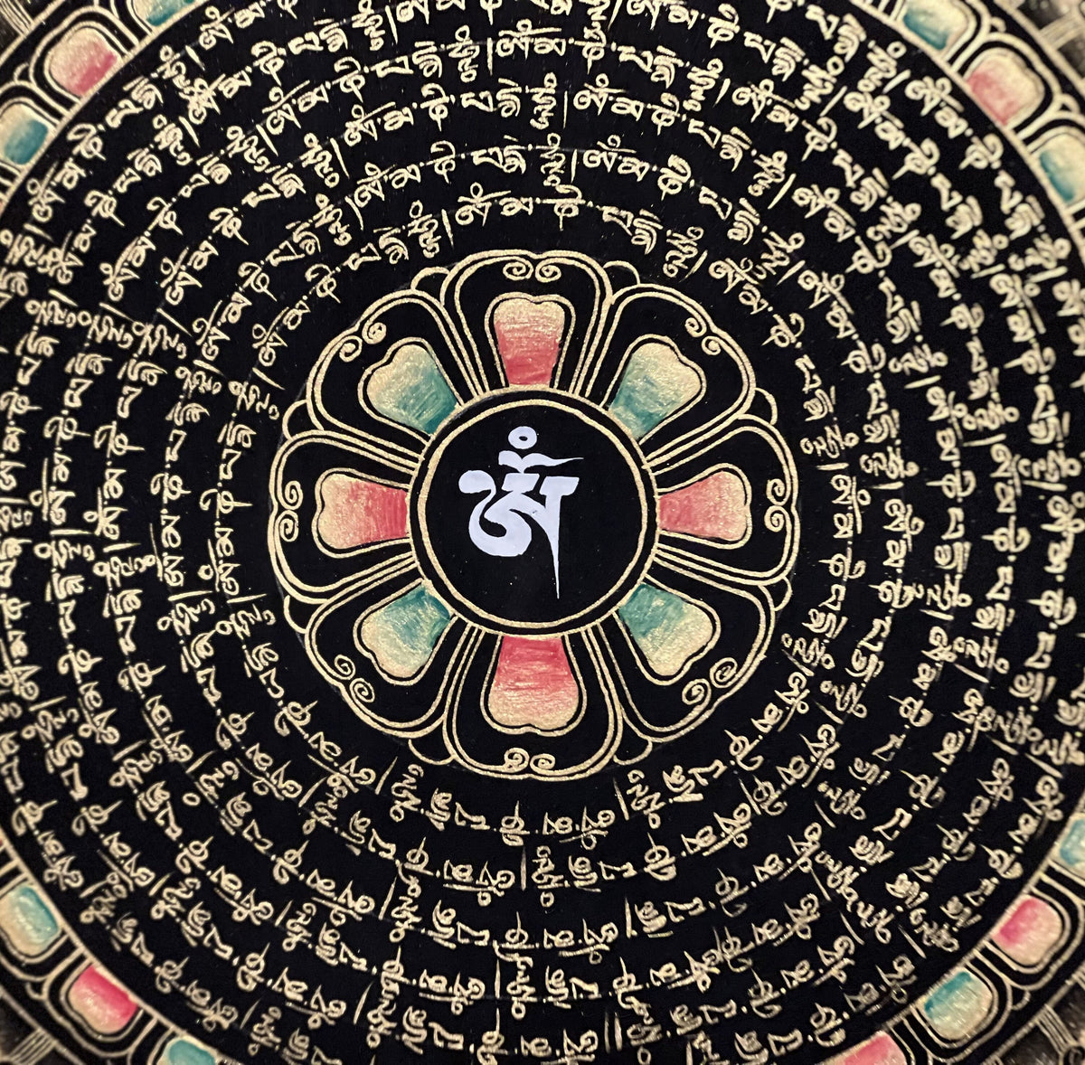 Om Mantra Mandala Thangka Painting, Black and Gold Buddhist Art