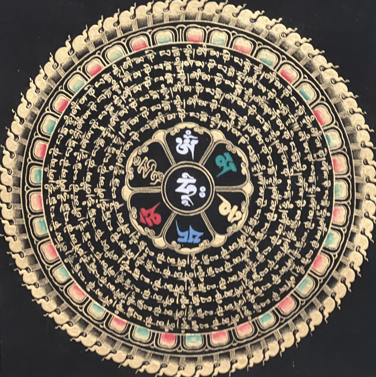 Hand-Painted Om Mani Padme Hum Mandala Thangka, Black & Gold