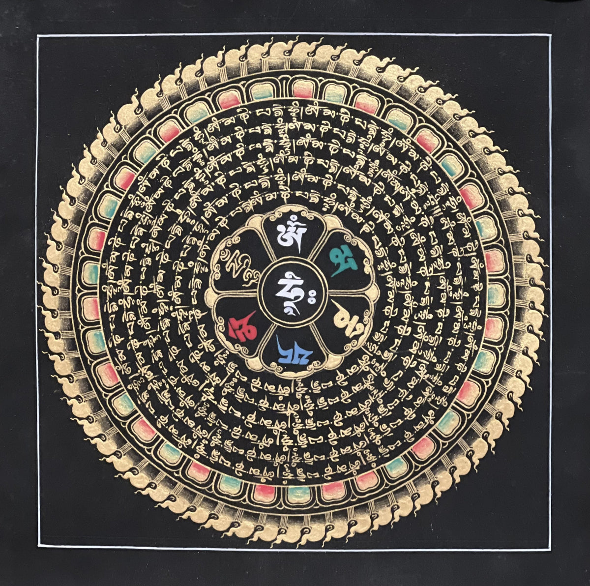 Hand-Painted Om Mani Padme Hum Mandala Thangka, Black & Gold