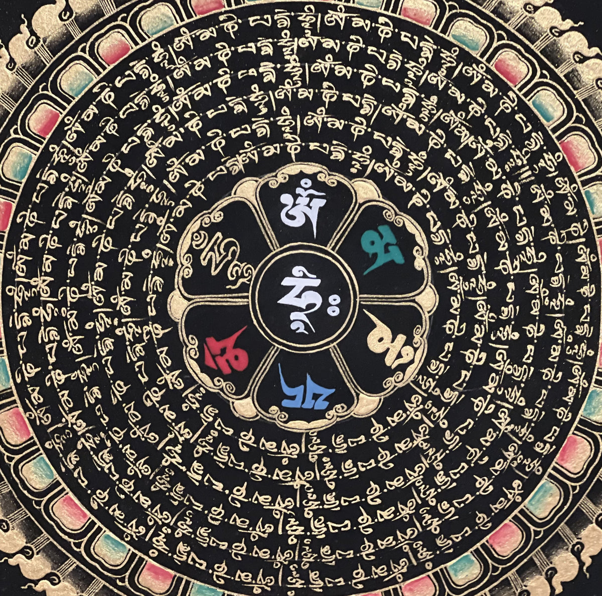 Hand-Painted Om Mani Padme Hum Mandala Thangka, Black & Gold