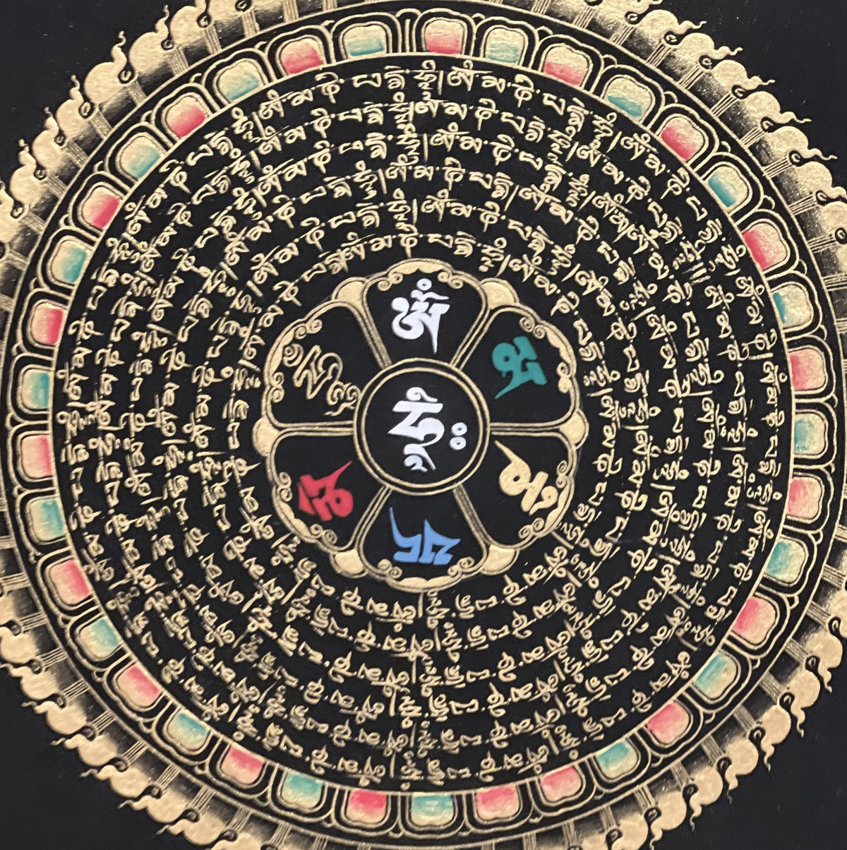 Hand-Painted Om Mani Padme Hum Mandala Thangka, Black & Gold