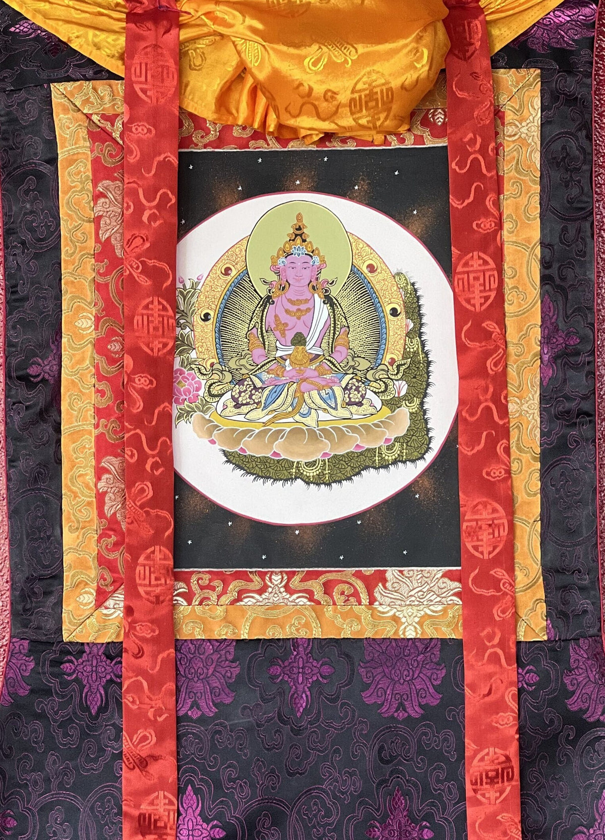Hand-Painted Amitayus Buddha Thangka with Silk Brocade