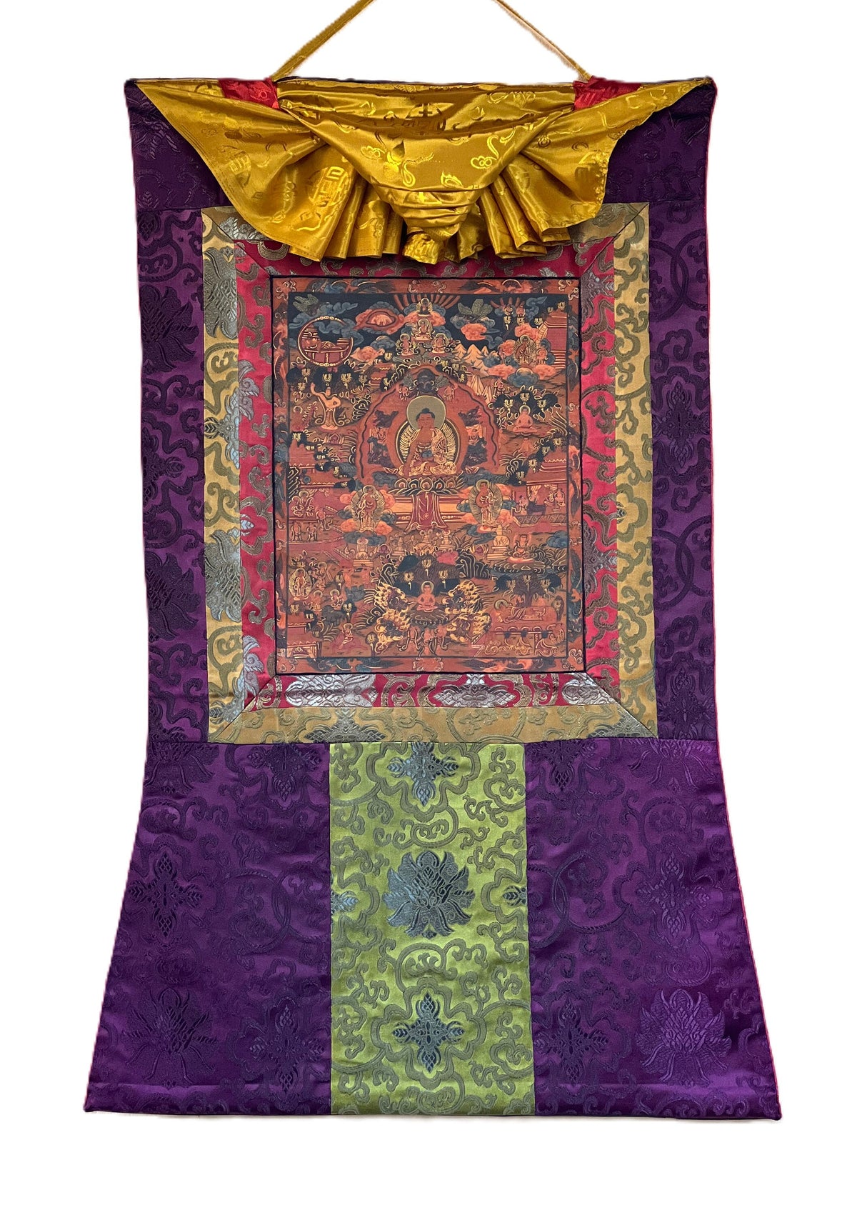 Buddha Life Mandala Thangka Painting, Oil Varnished, Silk Brocade