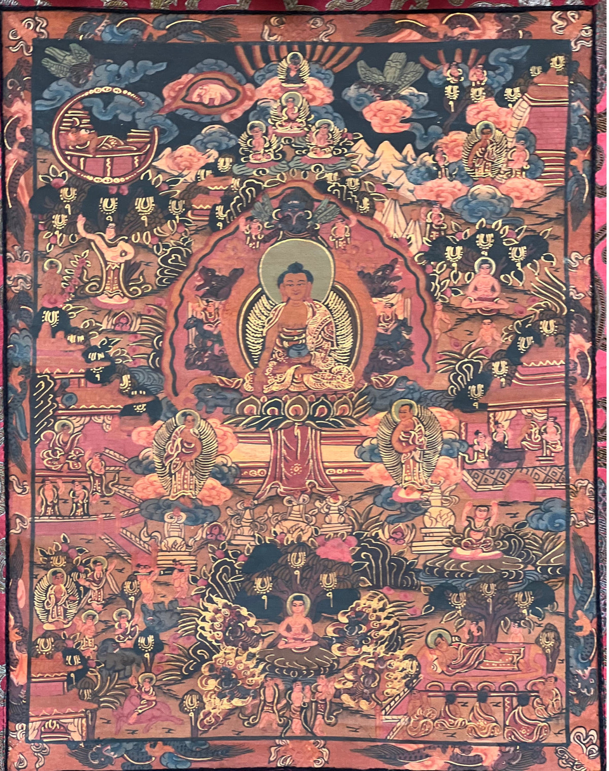 Buddha Life Mandala Thangka Painting, Oil Varnished, Silk Brocade