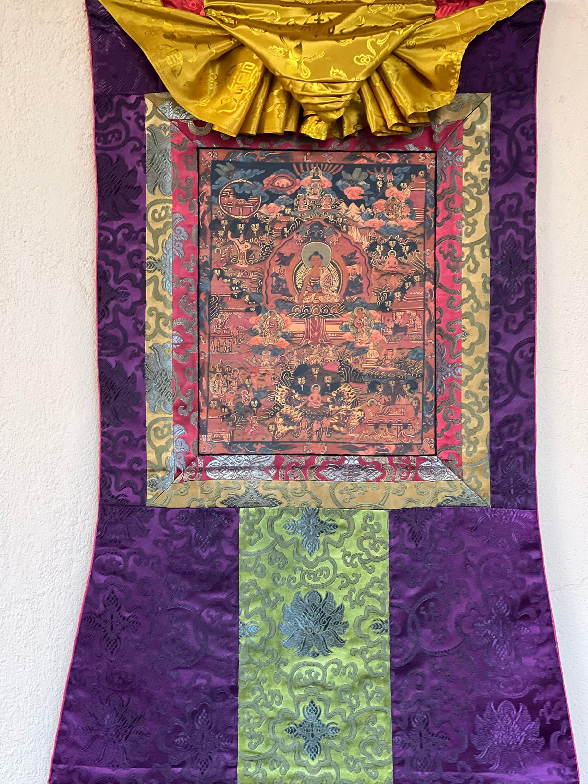 Buddha Life Mandala Thangka Painting, Oil Varnished, Silk Brocade