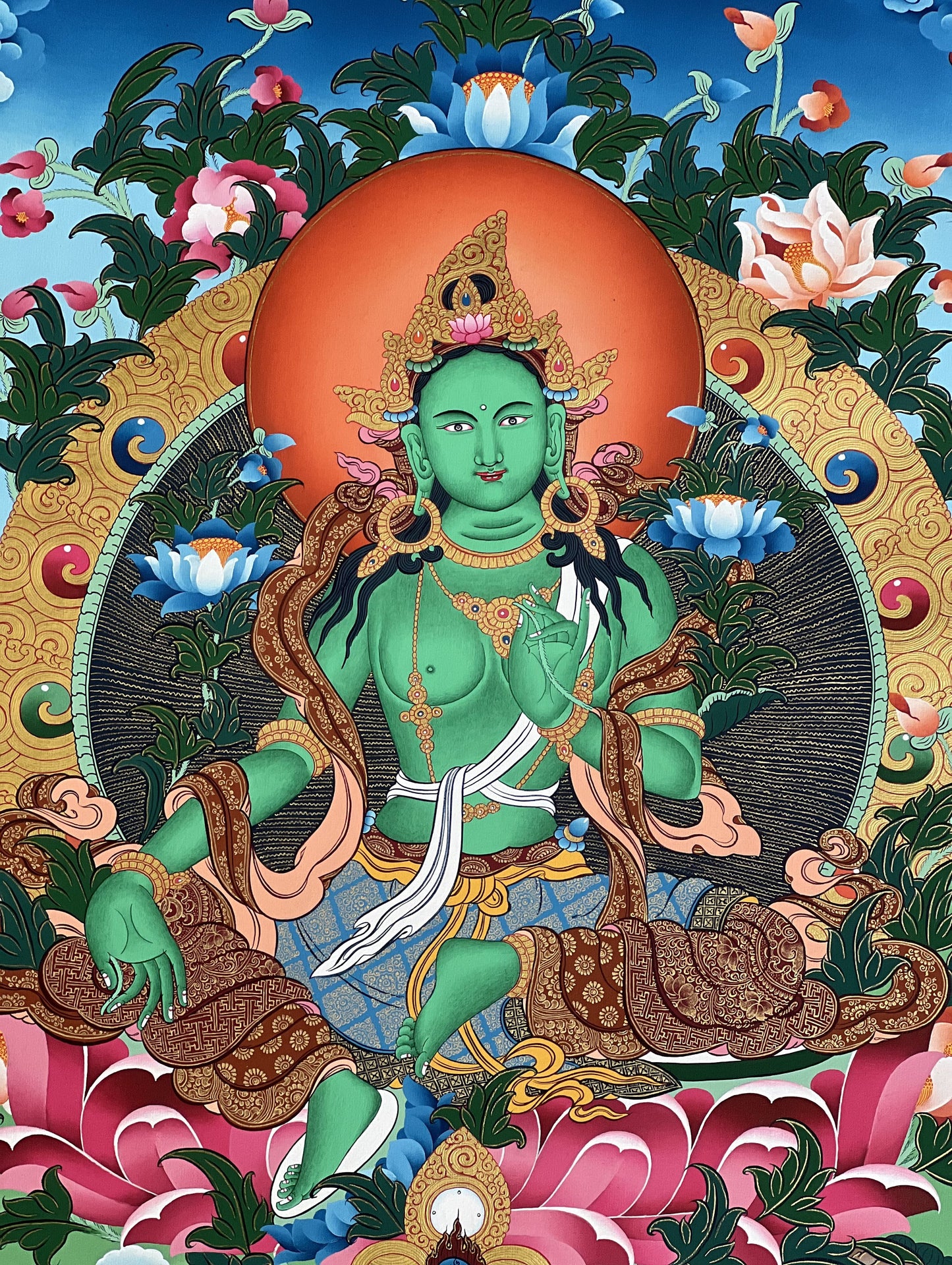 Green Tara Tibetan Thangka Painting: 24k Gold Buddhist Art